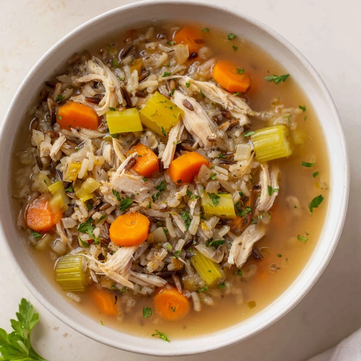 Steaming bowl of Quick Chicken and Wild Rice Soup, garnished with parsley, ready to be enjoyed.