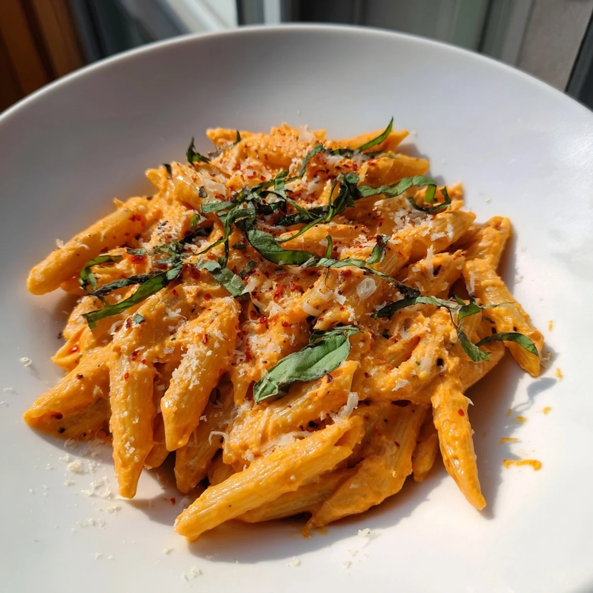 A steaming bowl of 15-Minute Creamy Red Pepper Pasta, topped fresh basil and Parmesan.