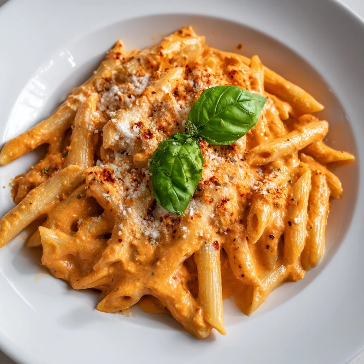 Quick and easy 15-Minute Creamy Red Pepper Pasta, visually rich, served with a sprinkle of cheese.