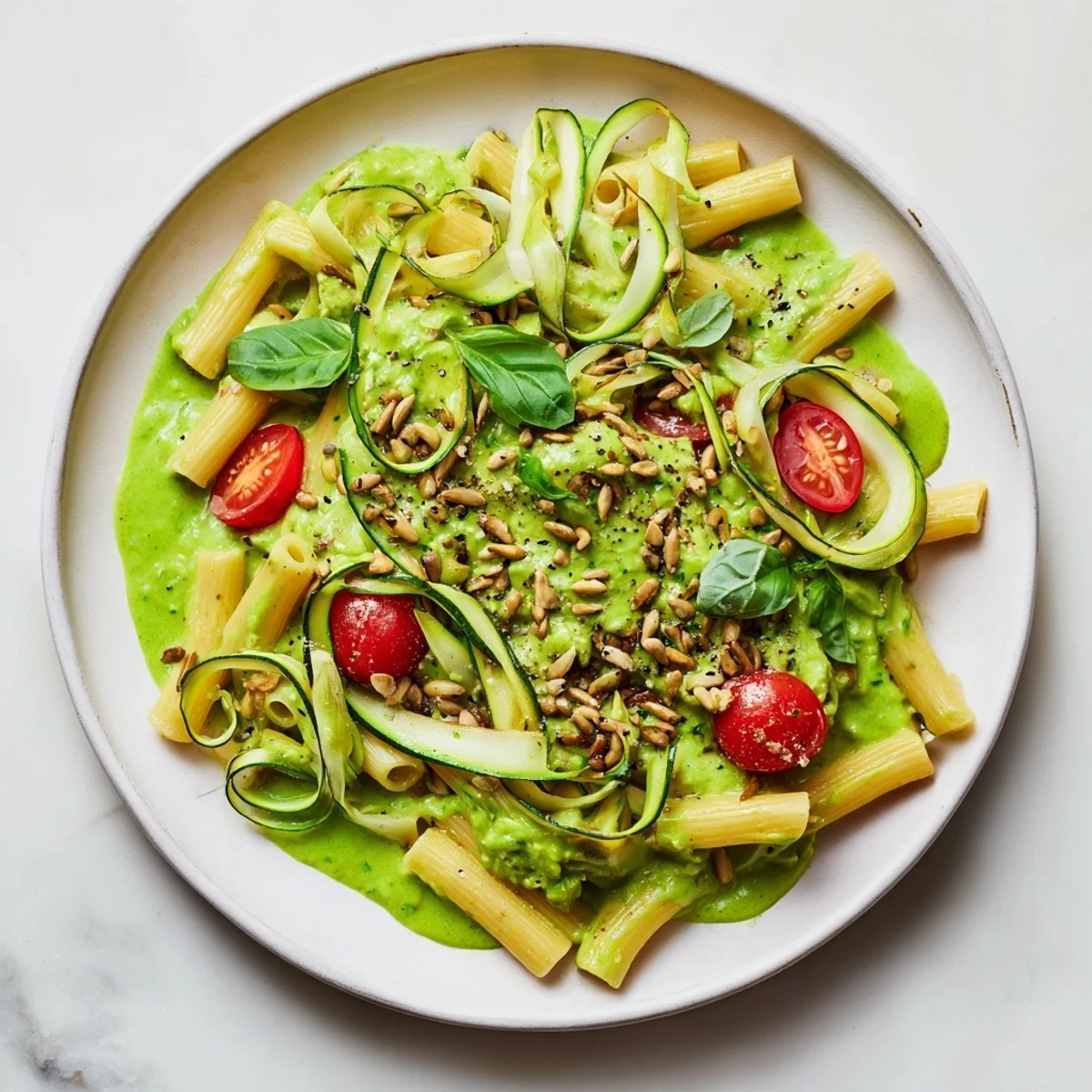 Bright green Vegan Green Goddess Pasta topped with fresh cherry tomatoes and toasted pine nuts.