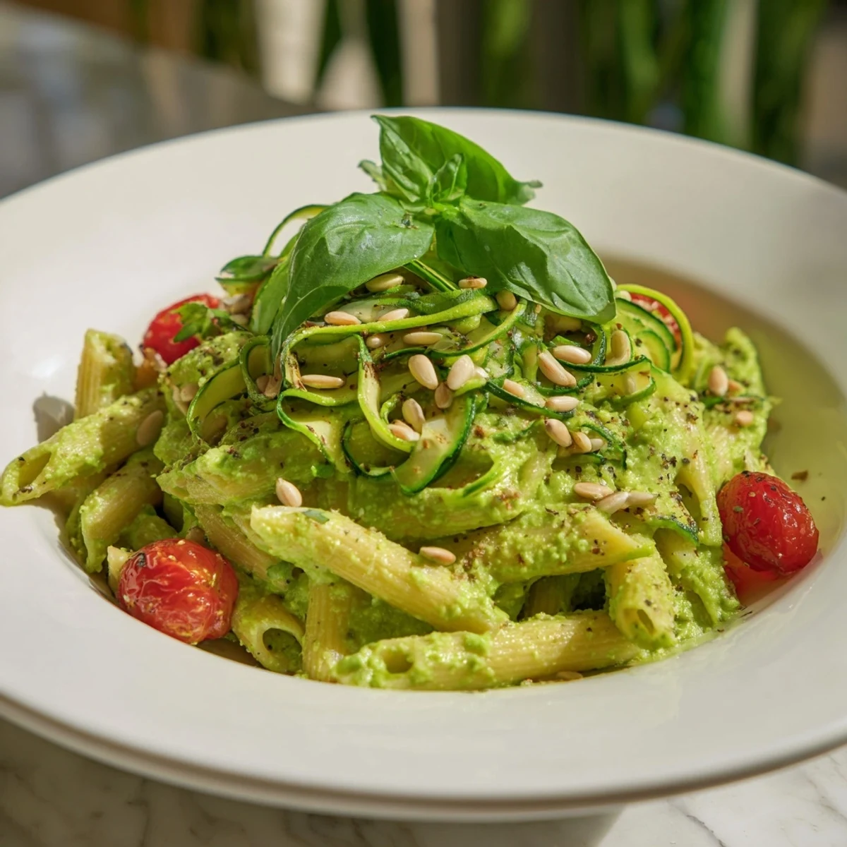 Imagine a bowl of Vegan Green Goddess Pasta, bursting with fresh herbs and a vibrant avocado sauce.