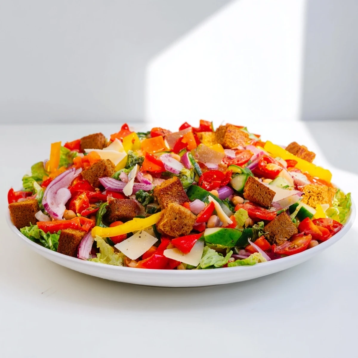 Freshly made La Scala Chopped Chickpea Salad with vibrant vegetables, ready to serve and enjoy.