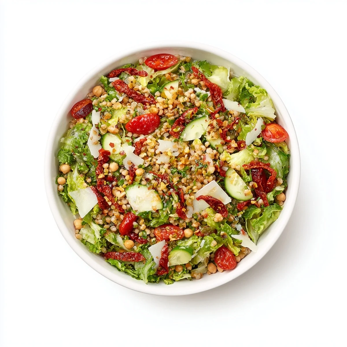 This refreshing La Scala Chopped Chickpea Salad features creamy chickpeas and tangy Italian dressing atop greens.