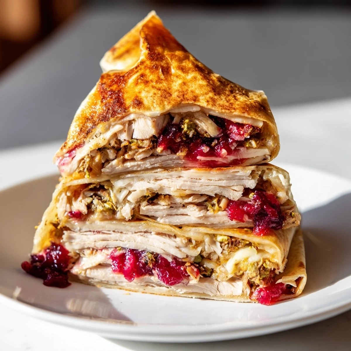 Golden-brown Turkey, Stuffing & Cranberry Leftovers Tortilla Wrap, crispy and oozing melted cheese.