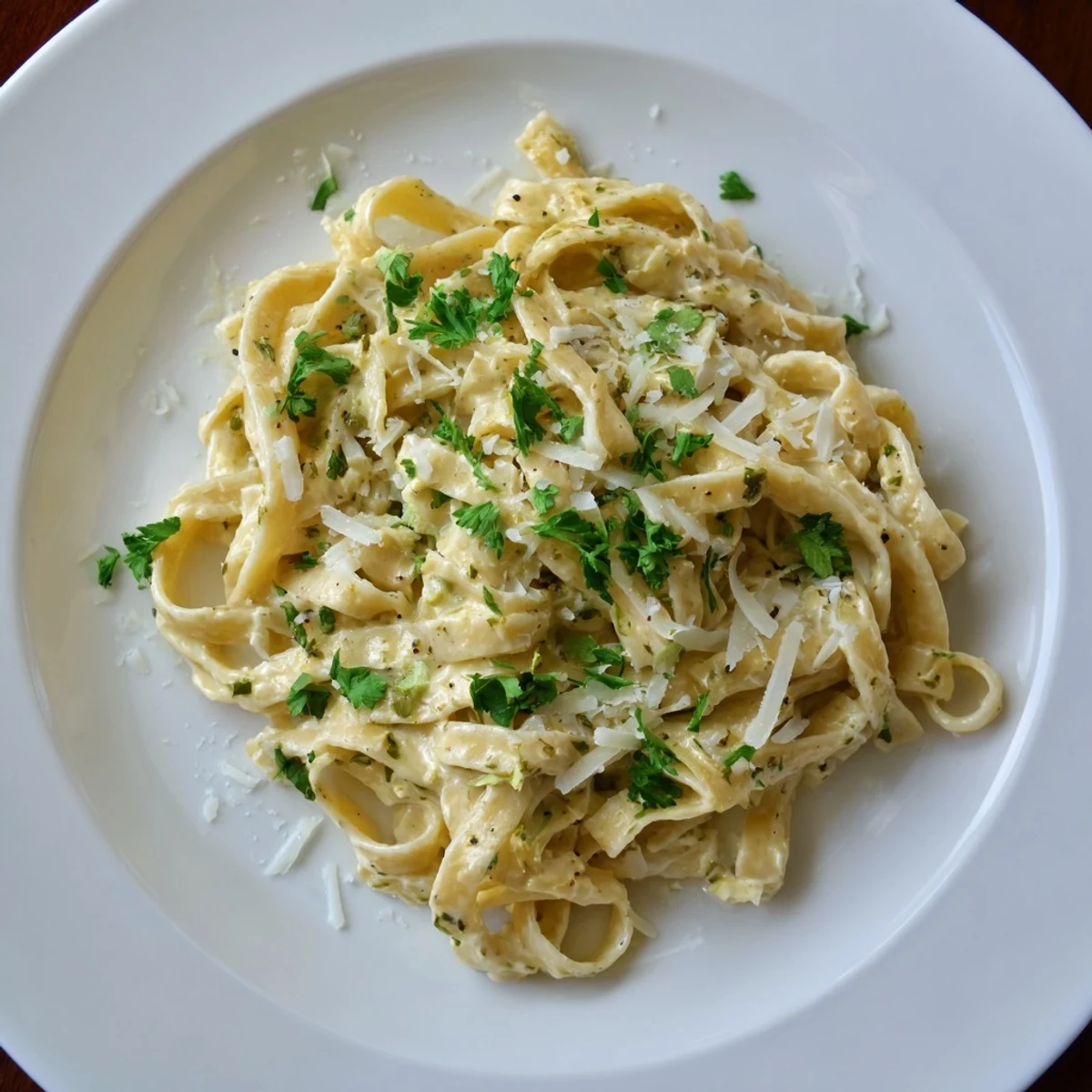 Steaming bowl of Skinny Alfredo Garlic Parmesan Snowy Pasta with fresh parsley and Parmesan.