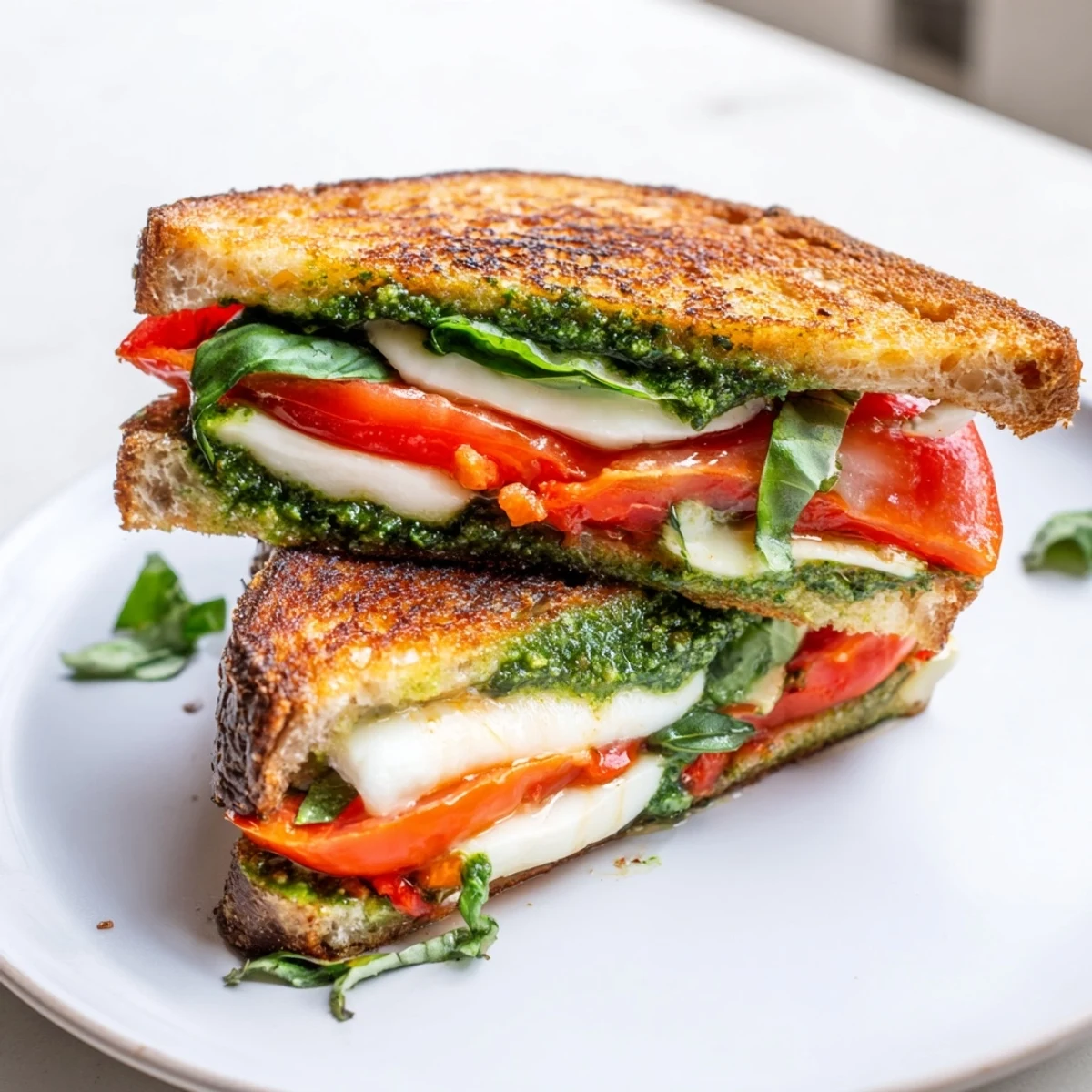 Golden, bubbly Caprese Pesto Panini-Style Grilled Cheese, oozing melted mozzarella and ripe tomatoes.