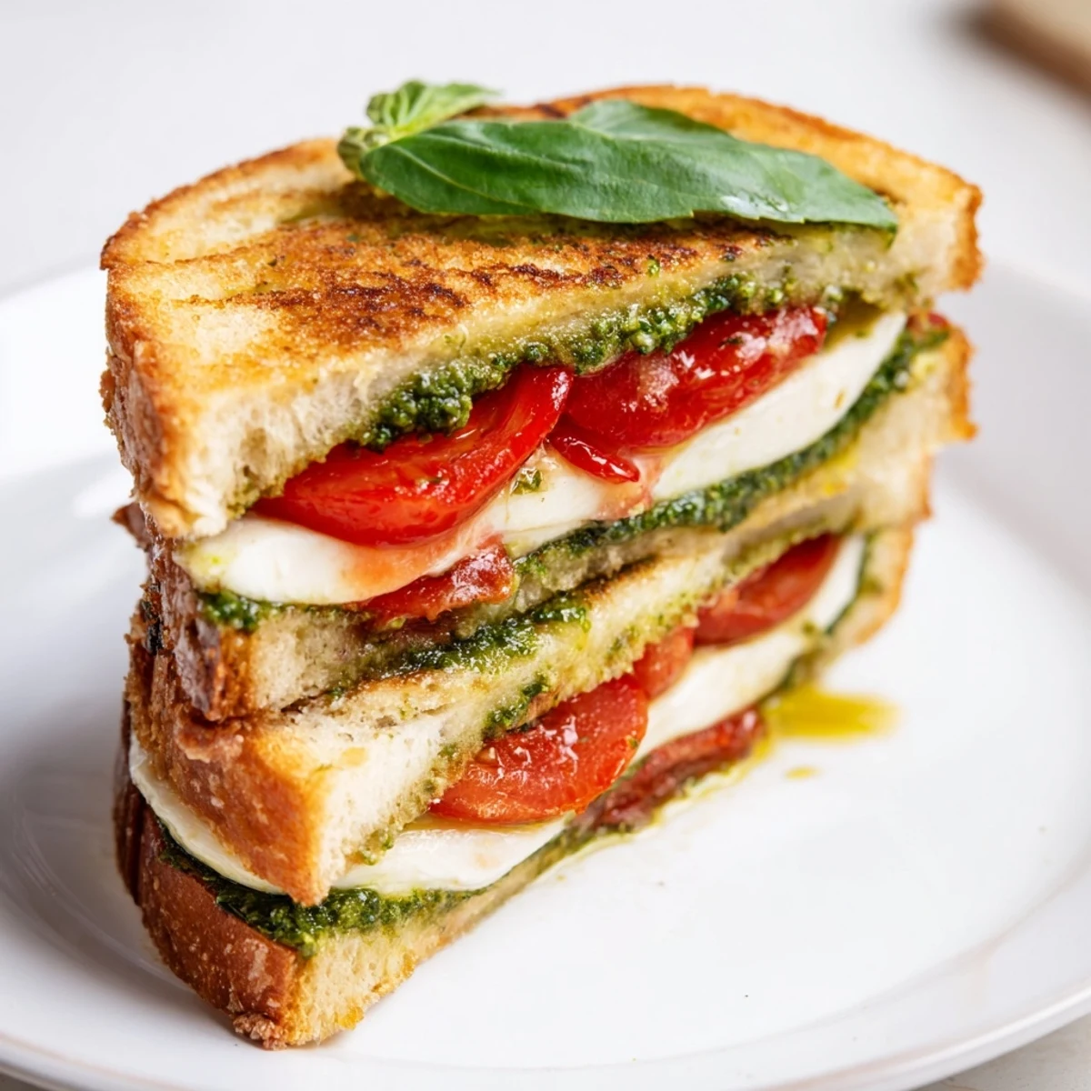 Savory Caprese Pesto Panini-Style Grilled Cheese, showing a melty cheese pull and fresh basil leaves.