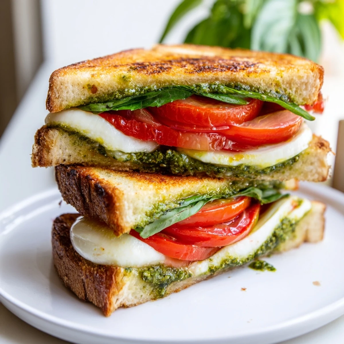 Crispy edges and a gooey center: a delicious Caprese Pesto Panini-Style Grilled Cheese sandwich ready to serve.