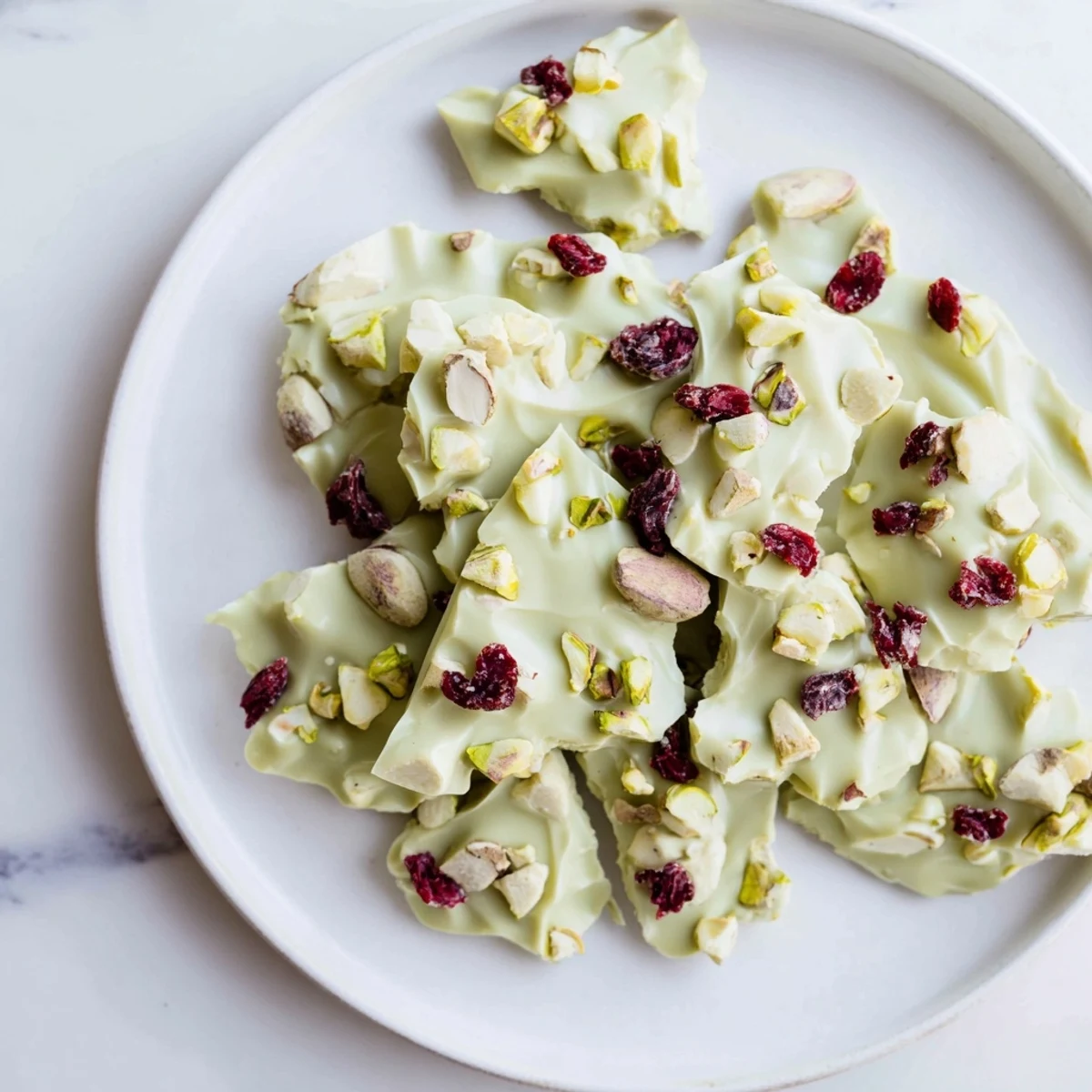 Enjoy these Matcha White Chocolate Cranberry Bark Clusters; they feature a delicate texture perfect for a sweet, quick dessert.