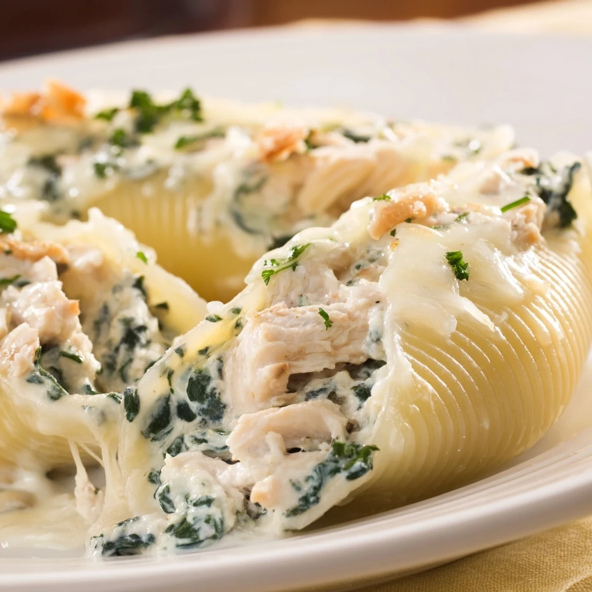 Golden-brown baked High-Protein Cottage Cheese Alfredo Christmas Shells, garnished with fresh parsley and red peppers.