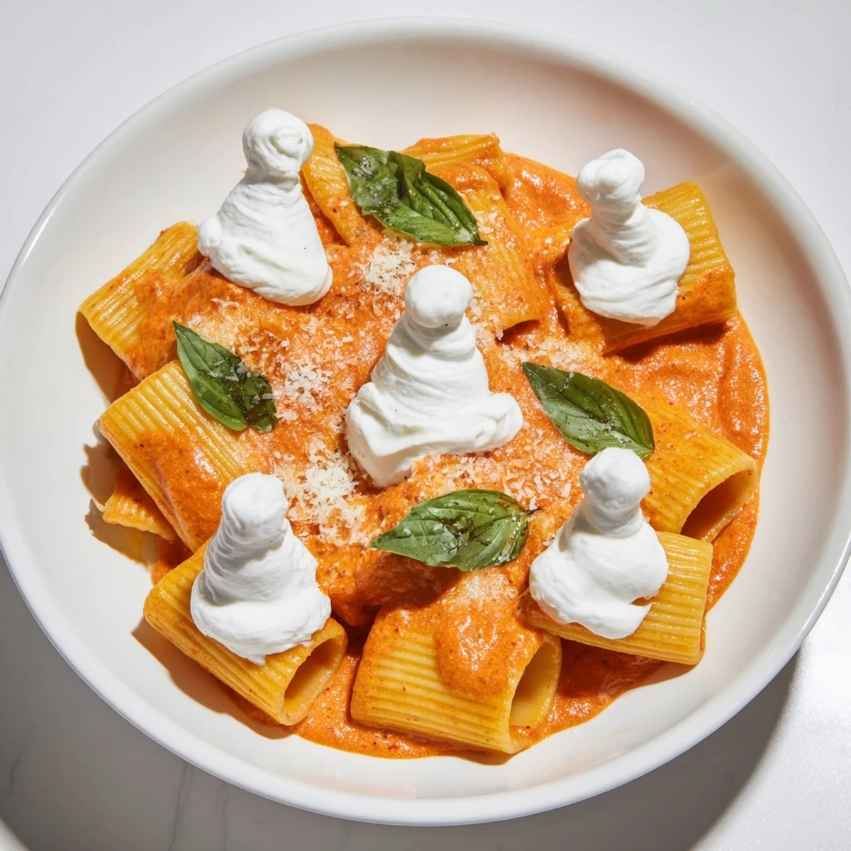 Warm bowl of Creamy Roasted Red Pepper Santa Hat Pasta, topped with creamy ricotta shaped like Christmas hats.