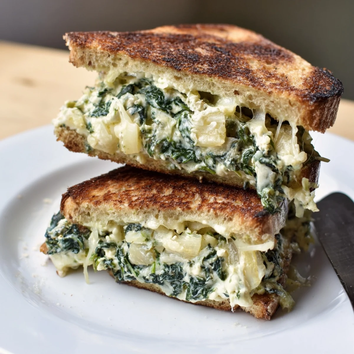 Golden sourdough spinach artichoke dip grilled cheese, a warm and cheesy comfort food delight.