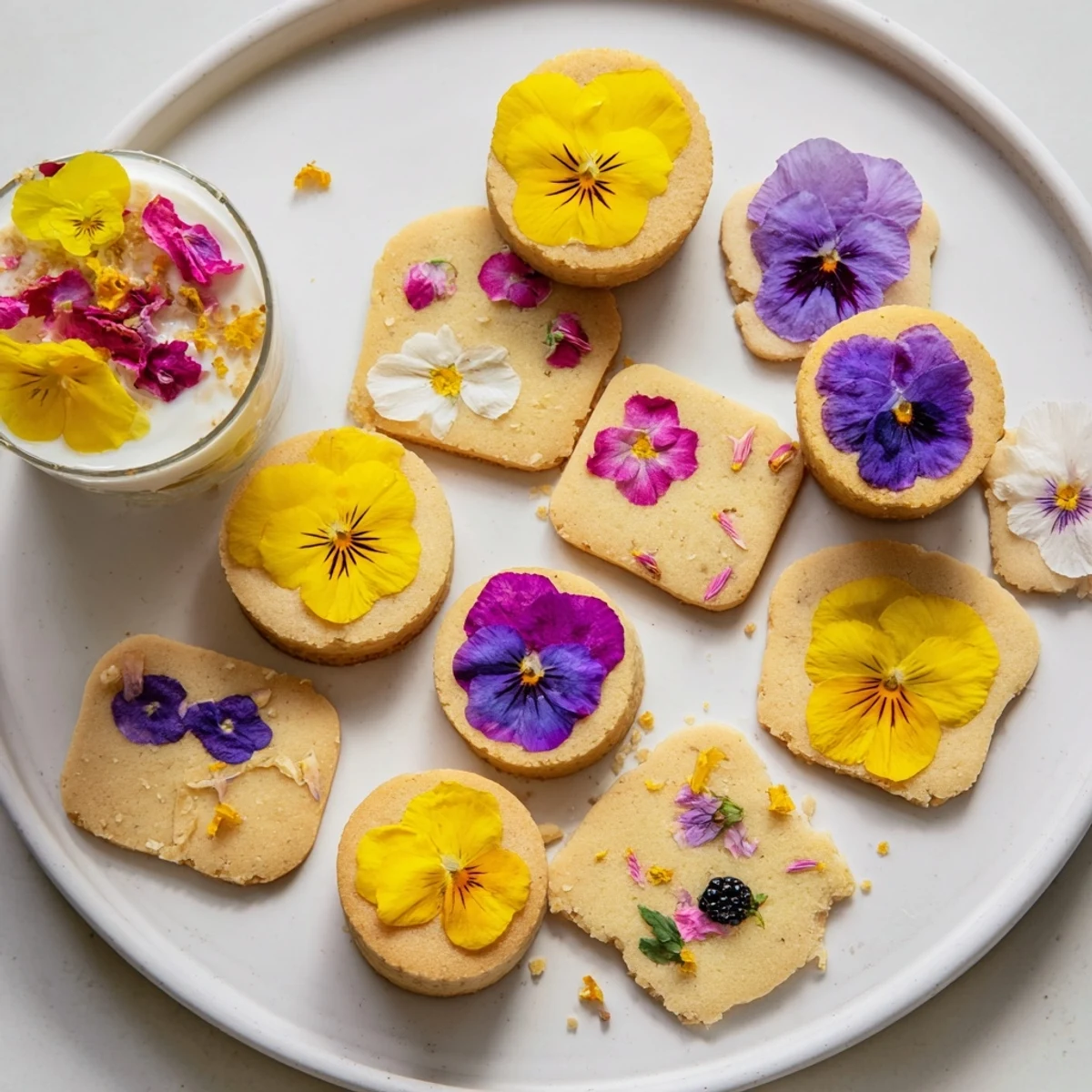 A beautifully arranged Spring Flower Dessert Tray features shortbread, cakes, and elegant parfaits.