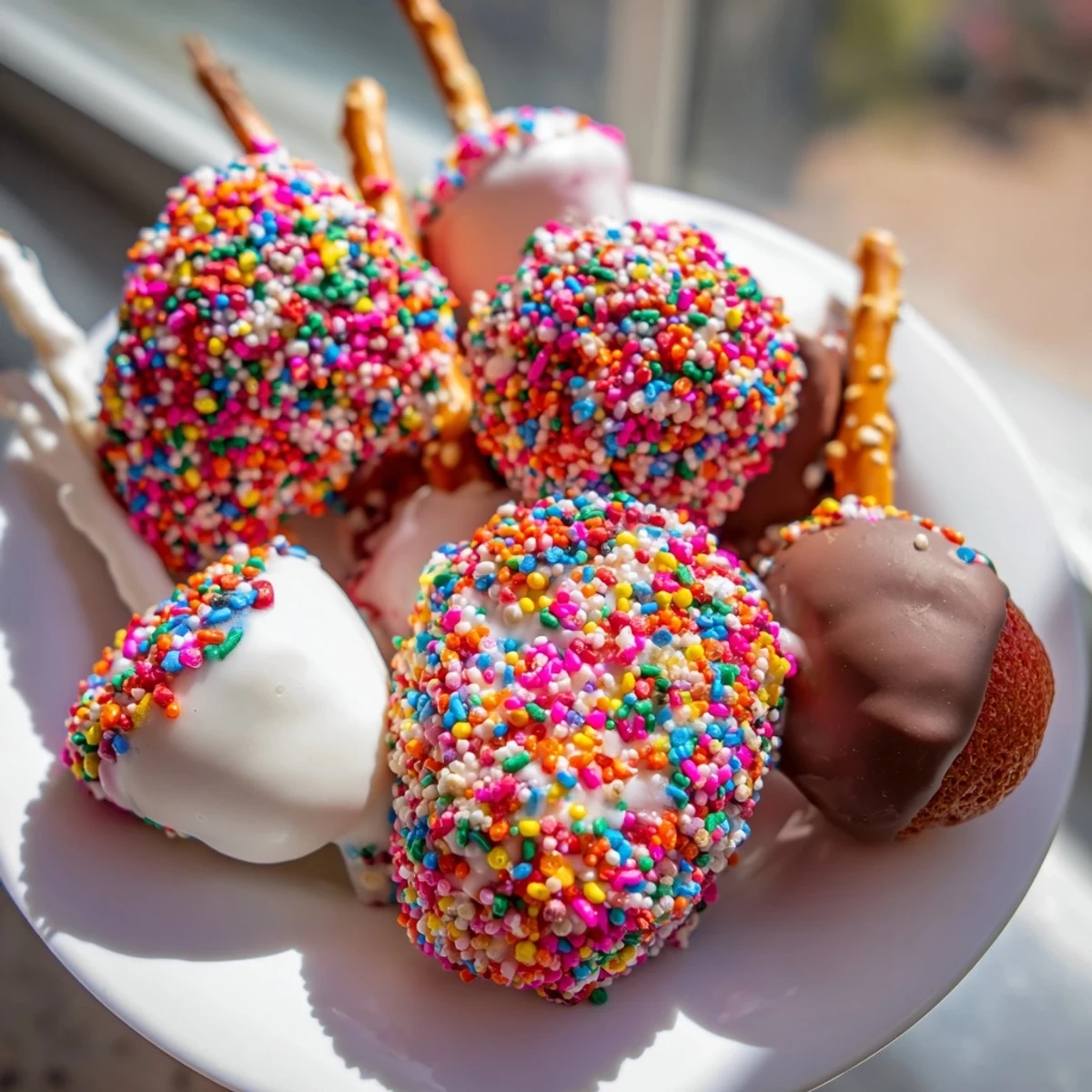 Colorful Rainbow Sprinkle Party Board, a delightful dessert platter with chocolate-covered treats.