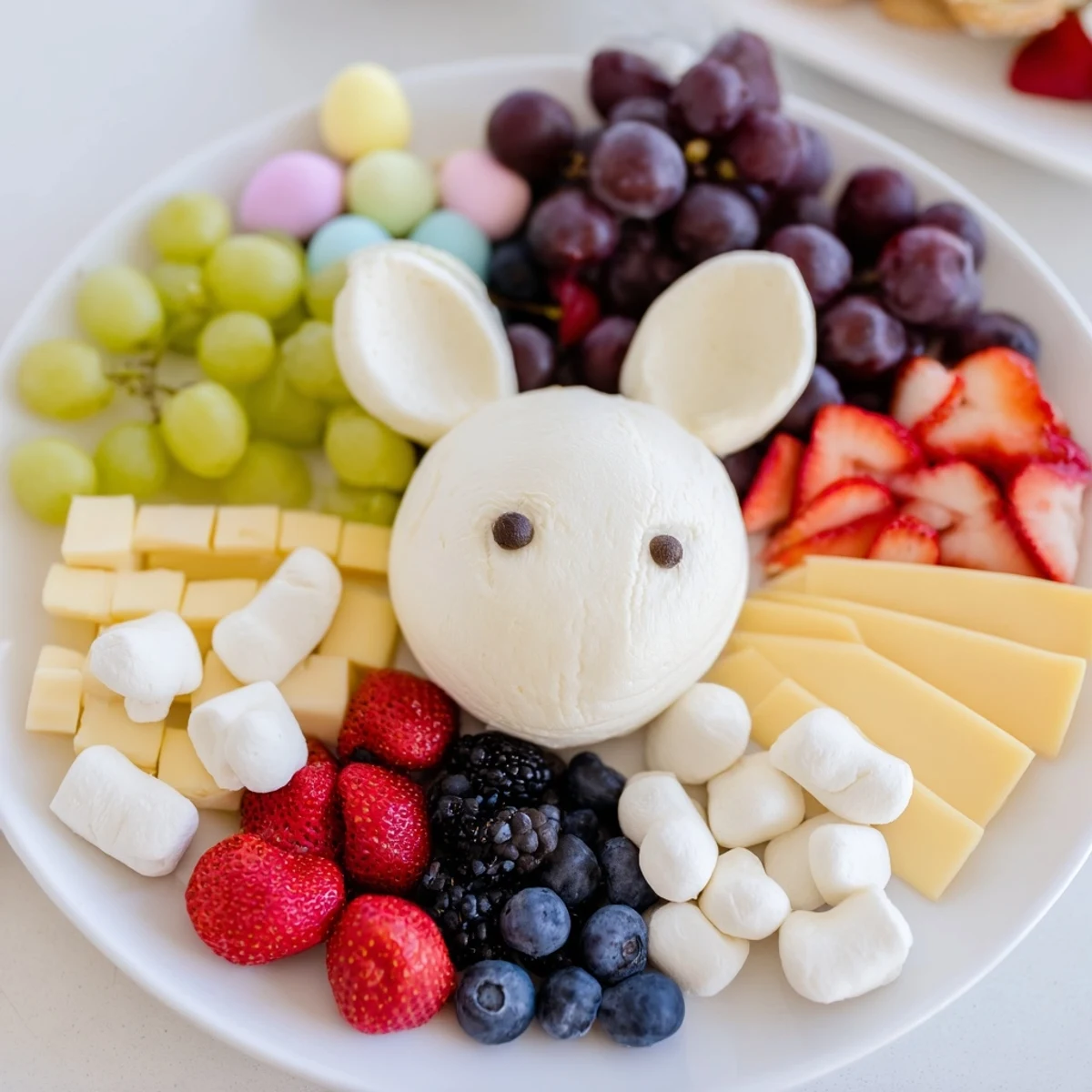 Bunny Ears Easter Board bursting with vibrant fruits, cheeses, and adorable marshmallow treats is ready to serve.