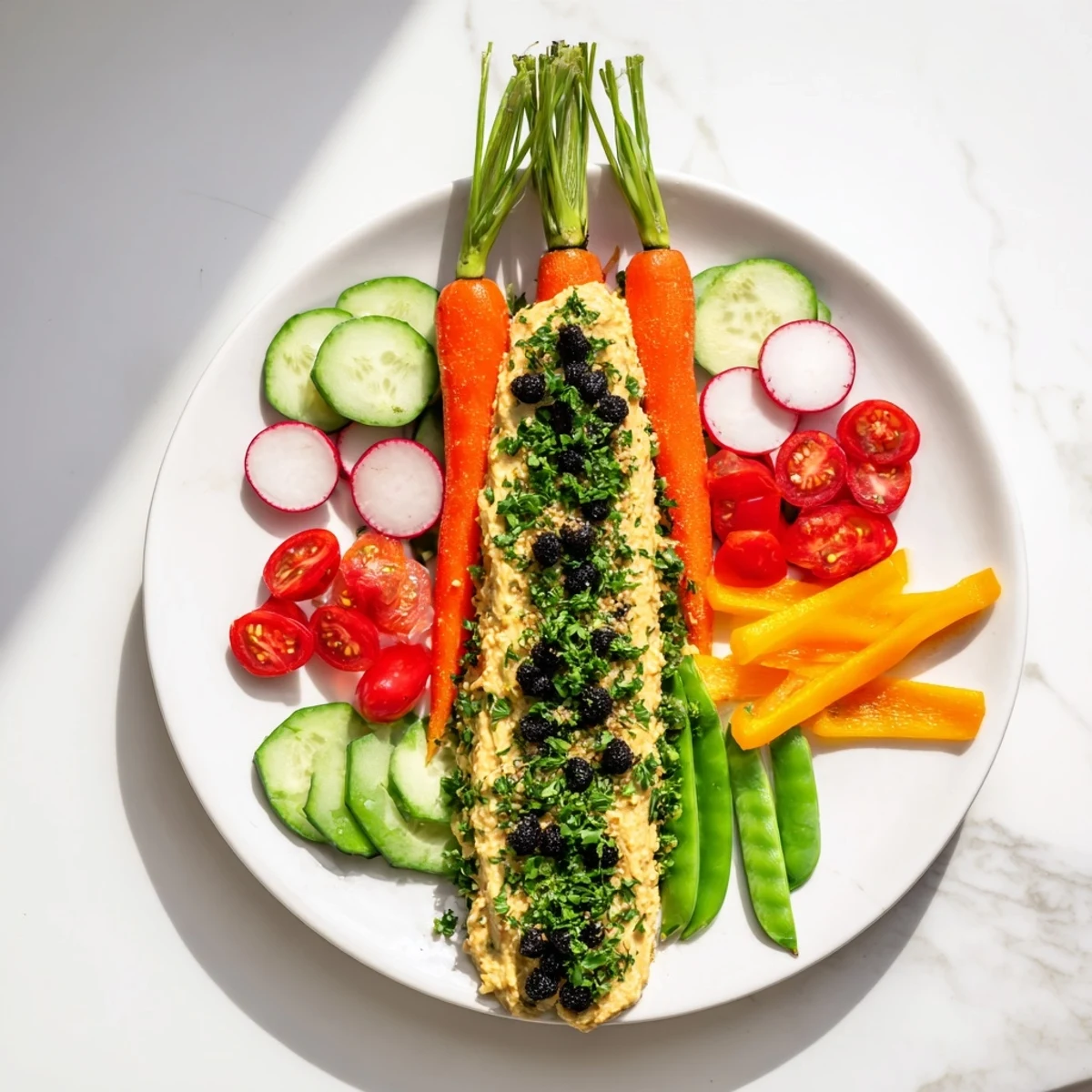 Vibrant Carrot Patch Veggie Board arrangement with colorful carrots and a creamy hummus dip for dipping.