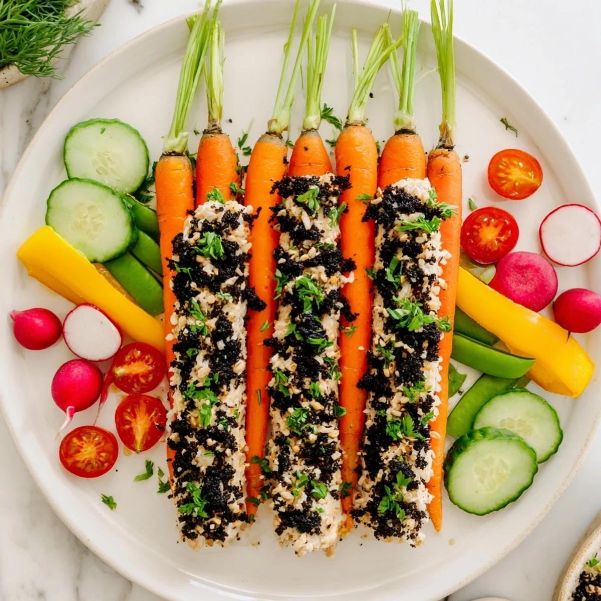 A garden-fresh Carrot Patch Veggie Board, with carrot "tops" and a "soil" dip, perfect for parties.