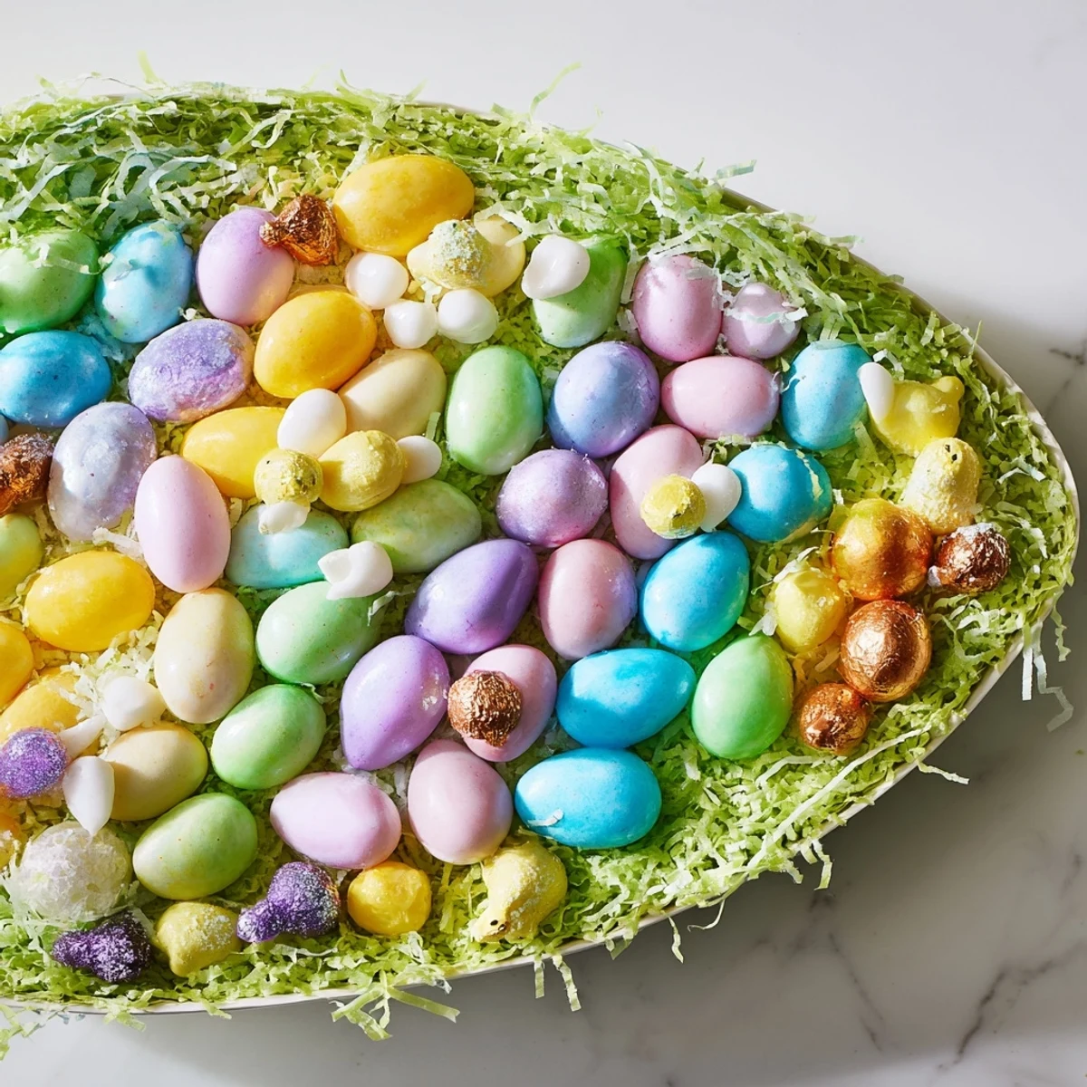 Beautiful egg-shaped candy platter overflowing with colorful Easter treats, ready to serve and enjoy.