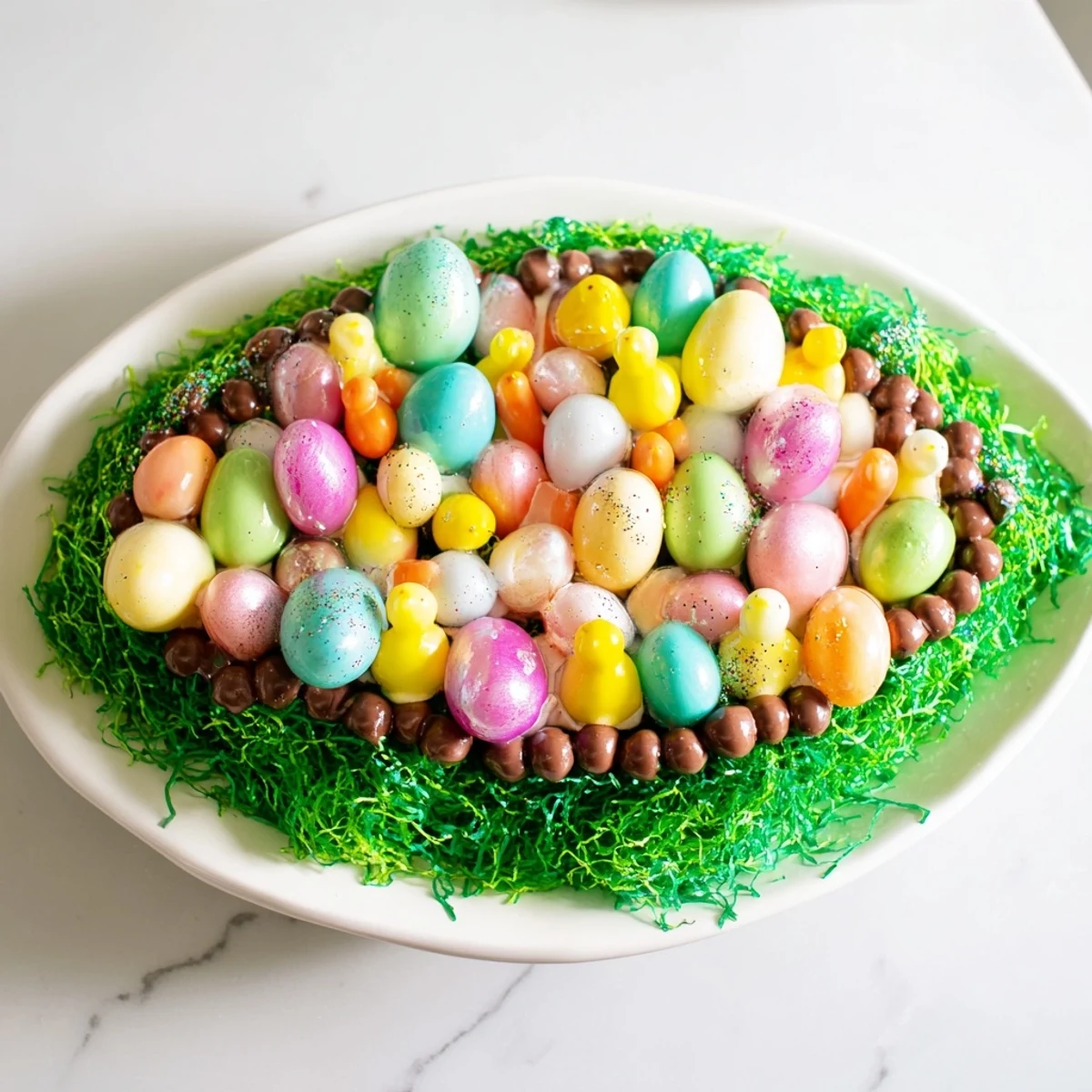 Vibrant egg-shaped candy assortment: pastel chocolate eggs, jelly beans, and gummy candies arranged for a festive occasion.
