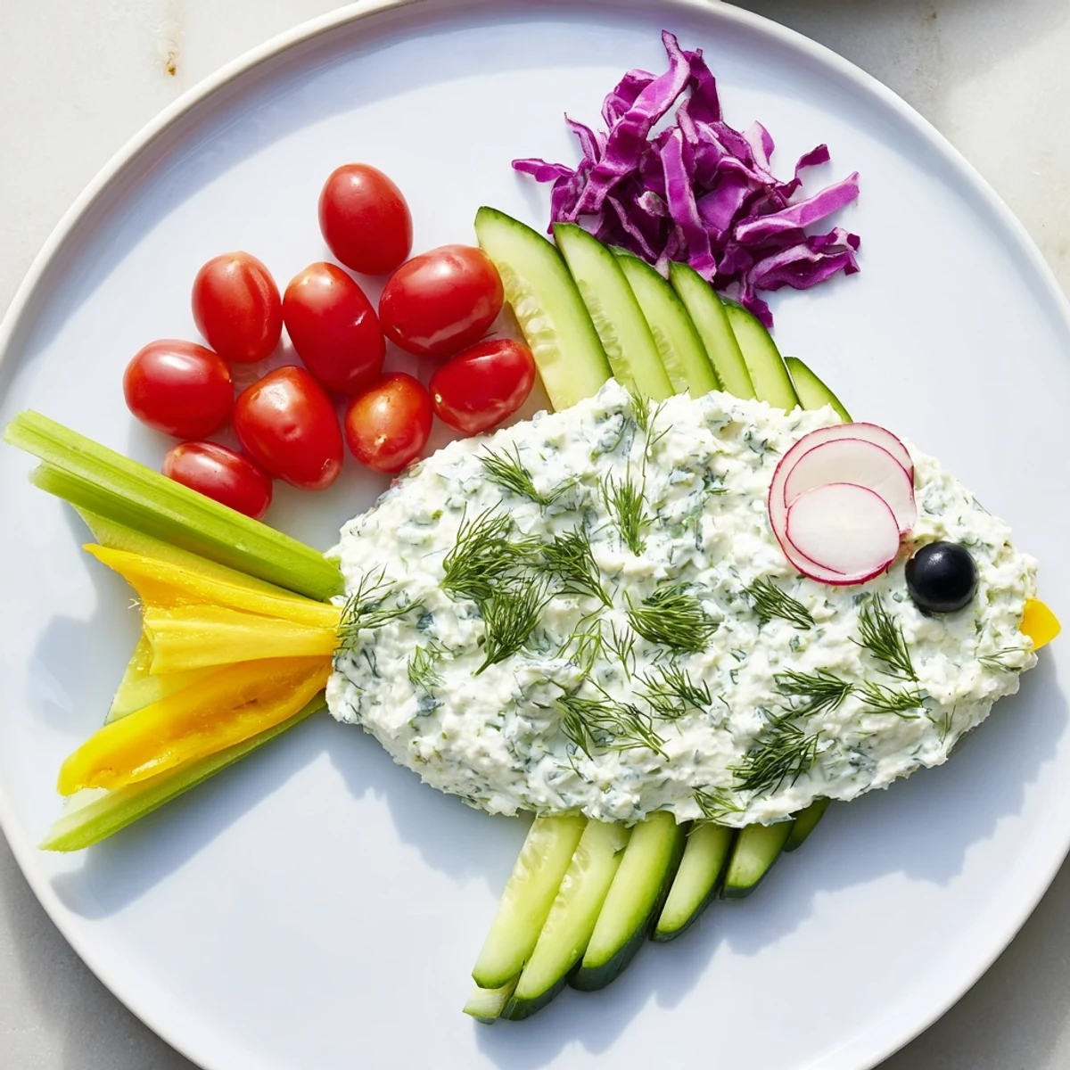 Vibrant Ocean Blue Fish-Shaped Dip Tray, filled with colorful vegetables and creamy dips ready for serving.