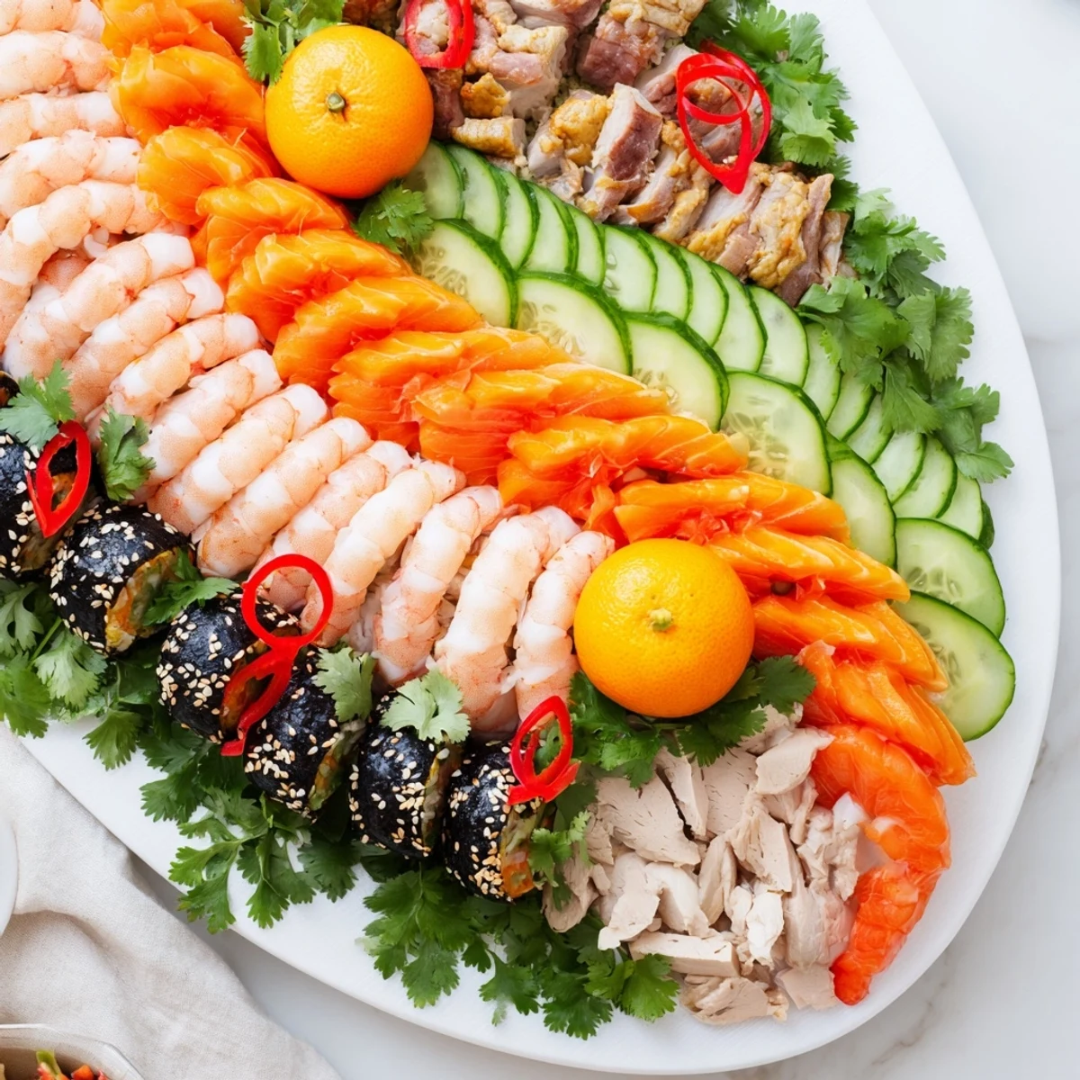 A vibrant Mighty Dragon Lunar New Year Board with shrimp, peppers, and rice arranged aesthetically.