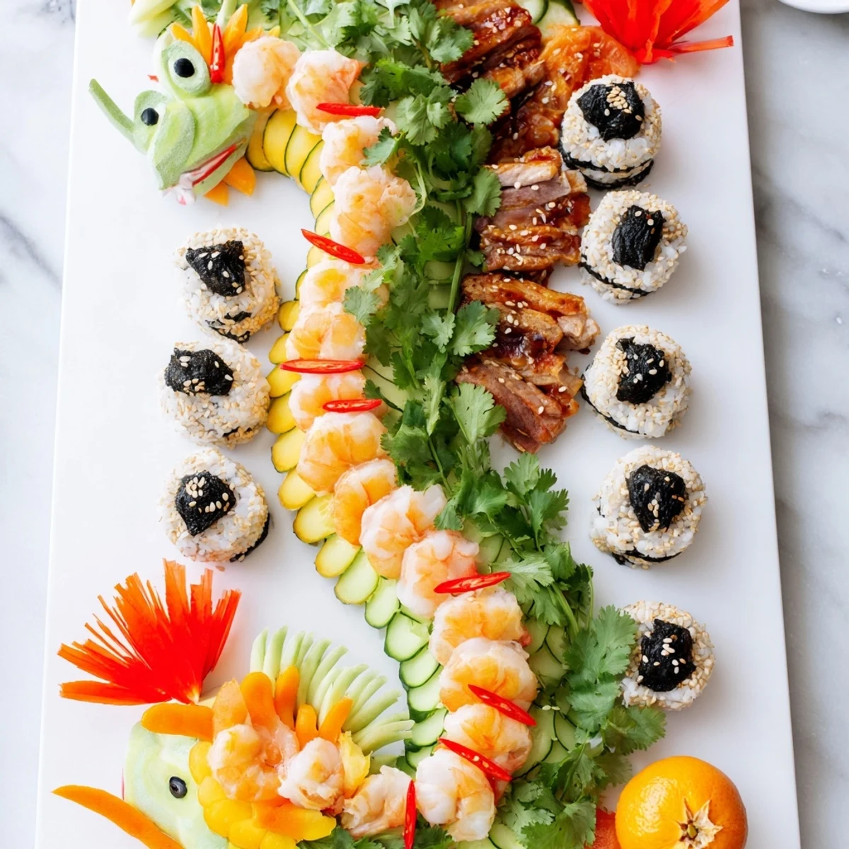 See the festive Mighty Dragon Lunar New Year Board showcasing Asian appetizers for a perfect party spread.