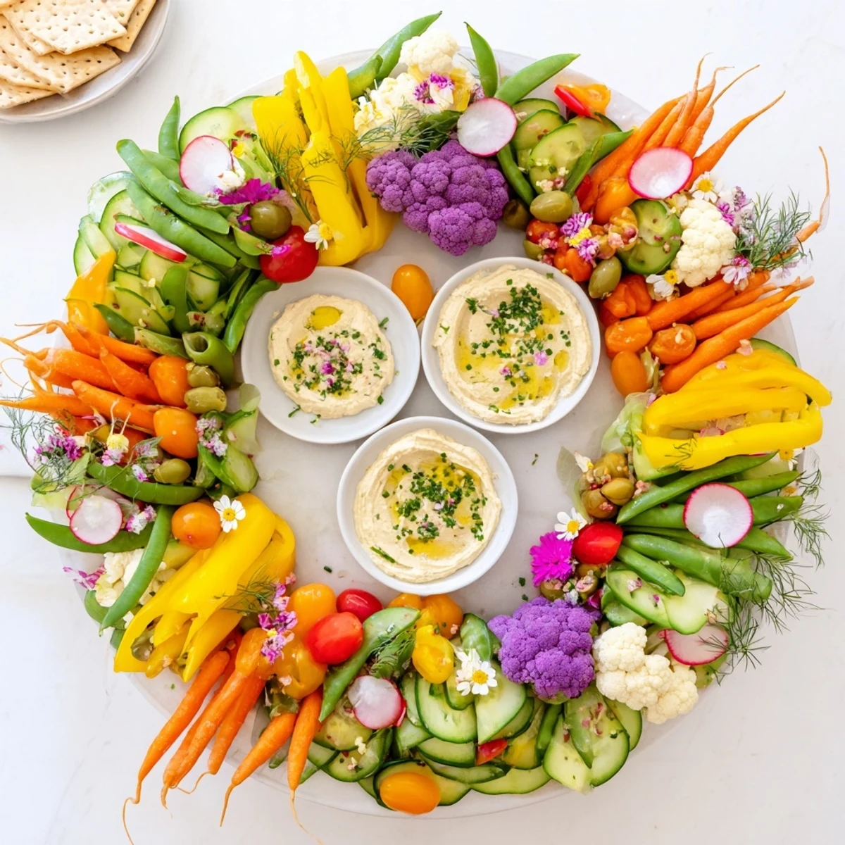 Fresh, colorful Spring Wreath Appetizer Platter arranged with crisp vegetables, dips, crackers, and olives, ready to serve.