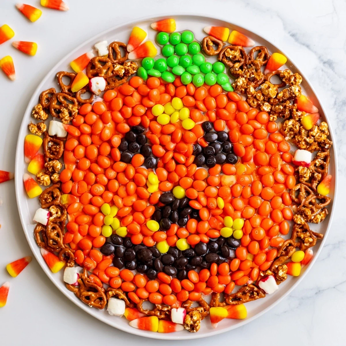 This Jack-o-Lantern candy board displays an assortment of candies, perfect for a party snack.