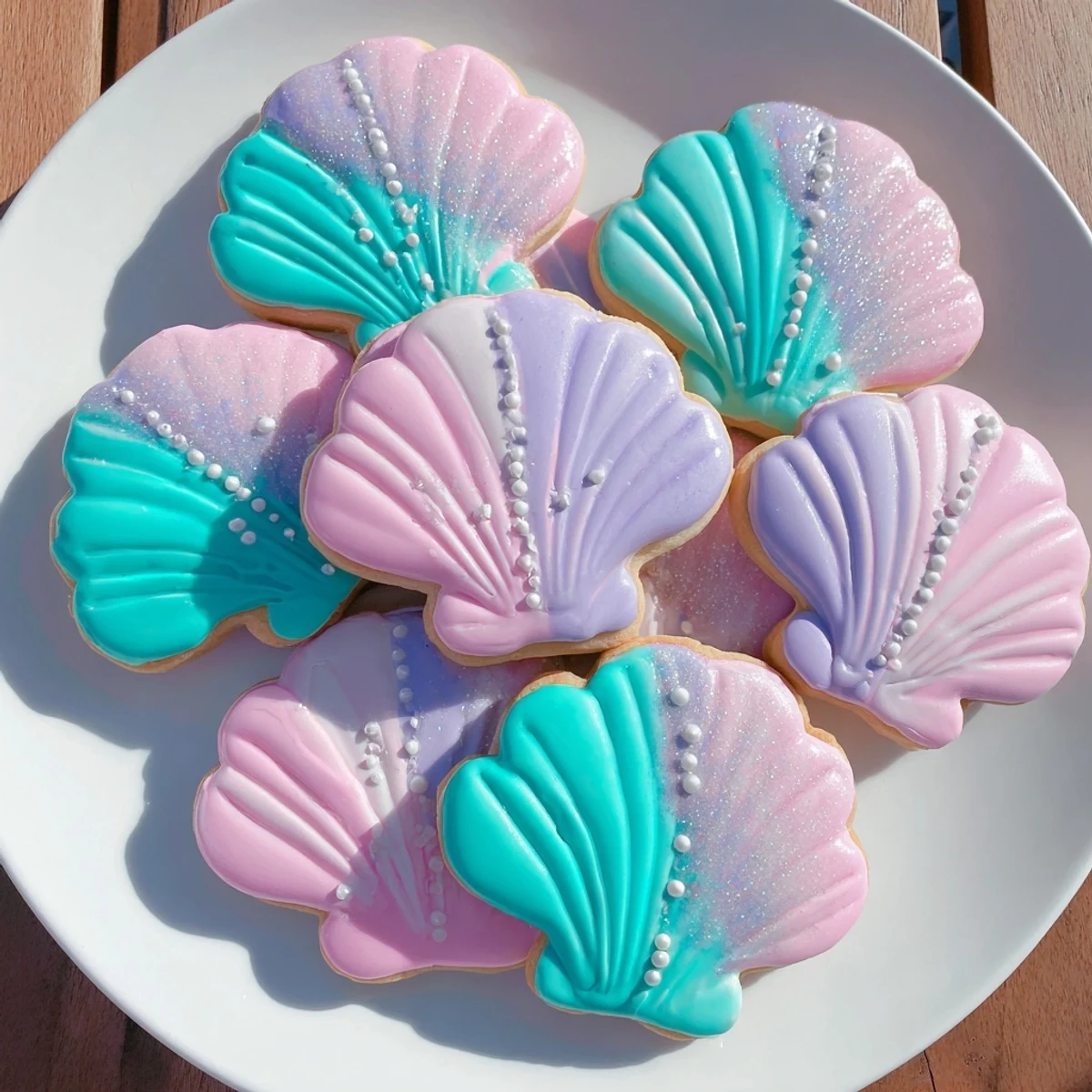 Shimmering Seashell Sweets: Pastel iced sugar cookies decorated with edible pearls evoke a beachy delight.