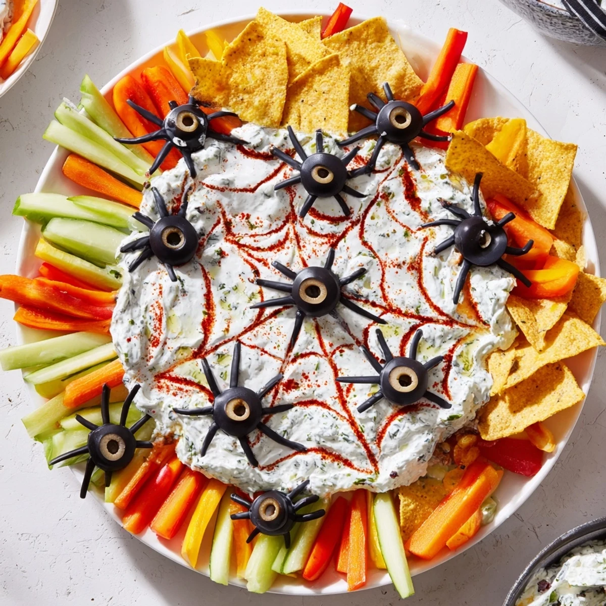 Delicious Creepy Crawly Spiderweb Platter, featuring a creamy dip, black olives spiders, and fresh veggie dippers.
