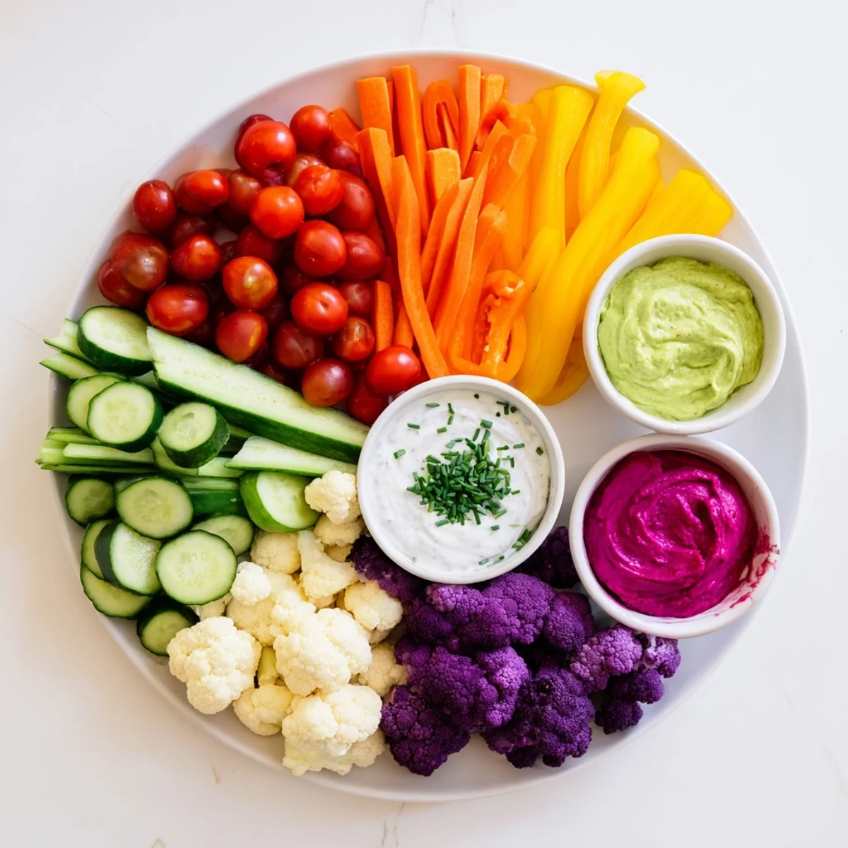 Bright and inviting, this photo shows the delicious Rainbow Vegetable Dips with a variety of healthy vegetable options.
