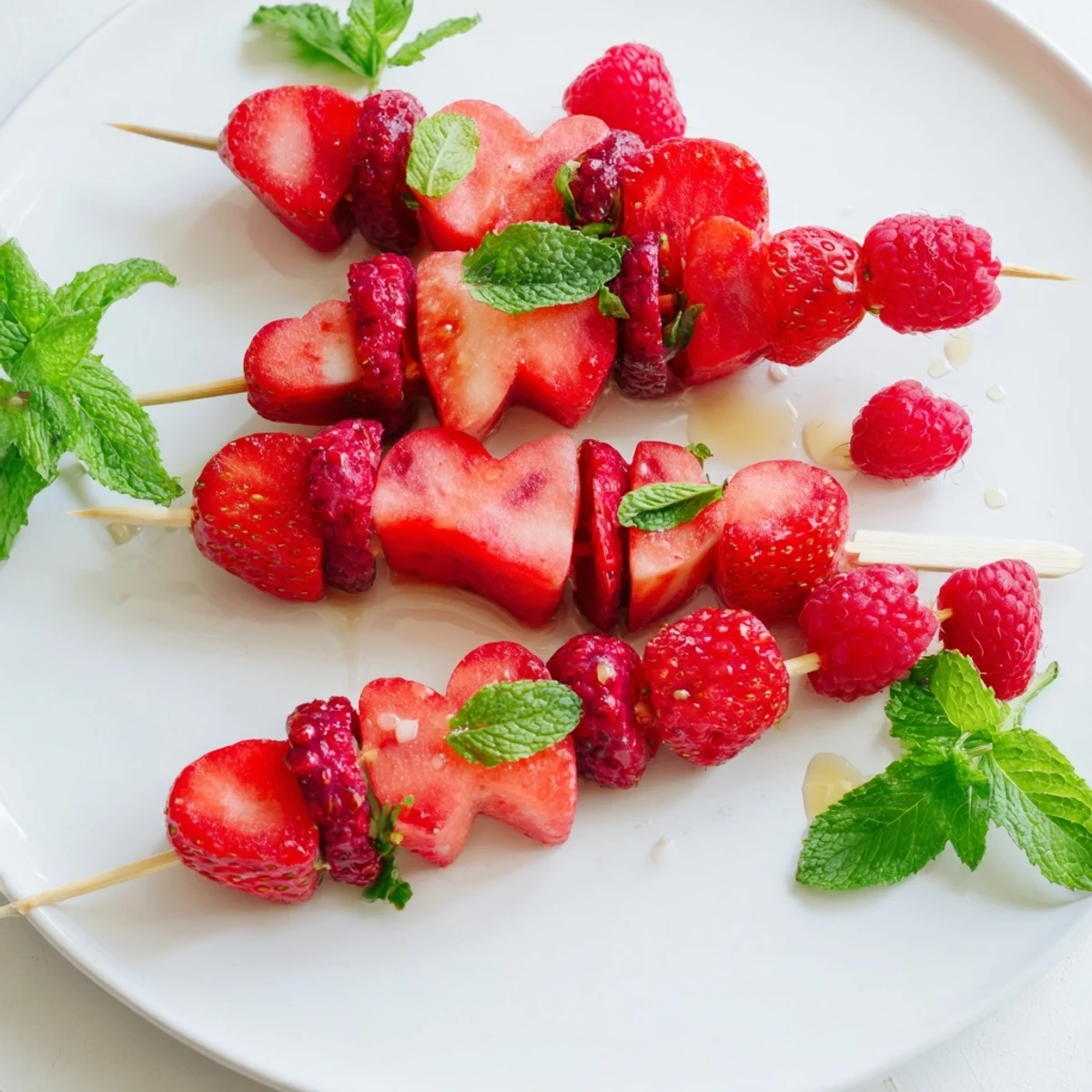Vibrant red heart fruit skewers arranged beautifully, perfect for a romantic, healthy dessert.