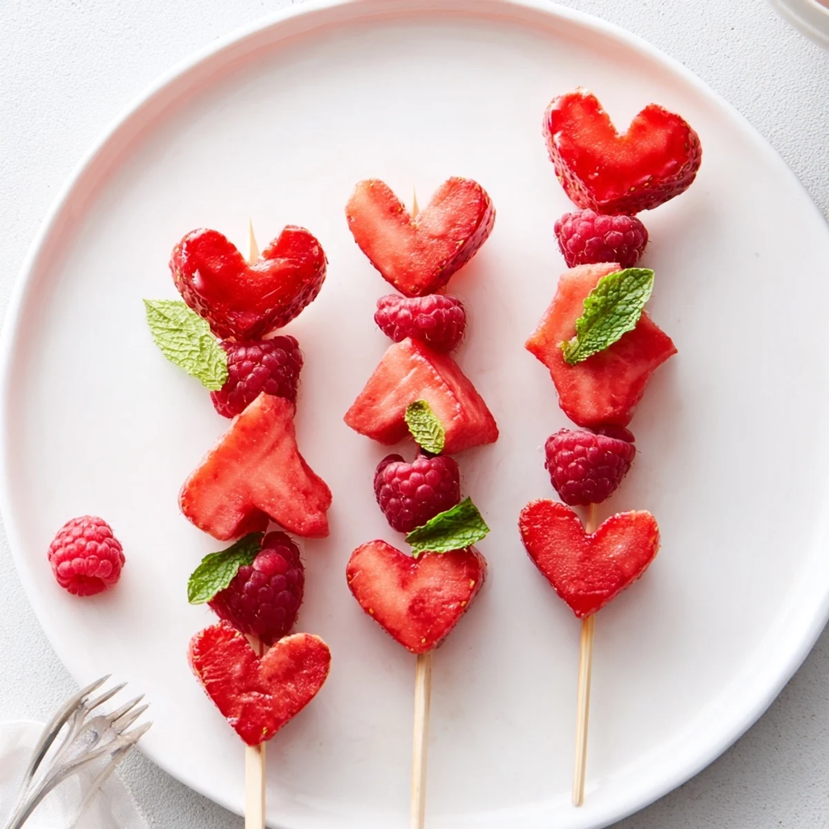 Heart-shaped red fruit skewers