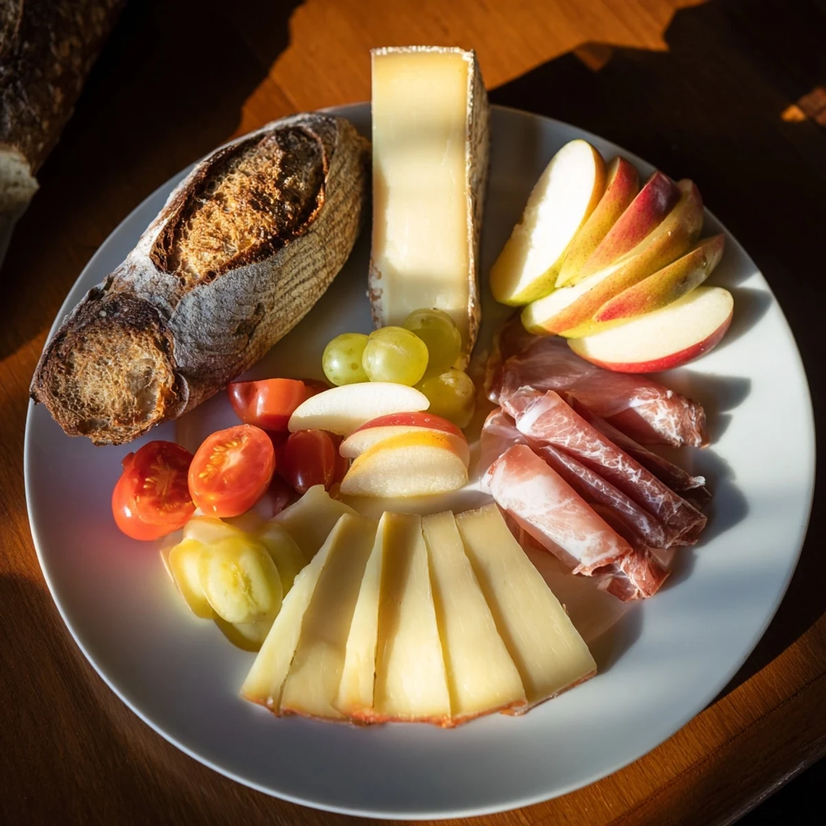 A beautifully arranged Planche Montagne Aventure Collation featuring cheeses, meats and fresh produce.