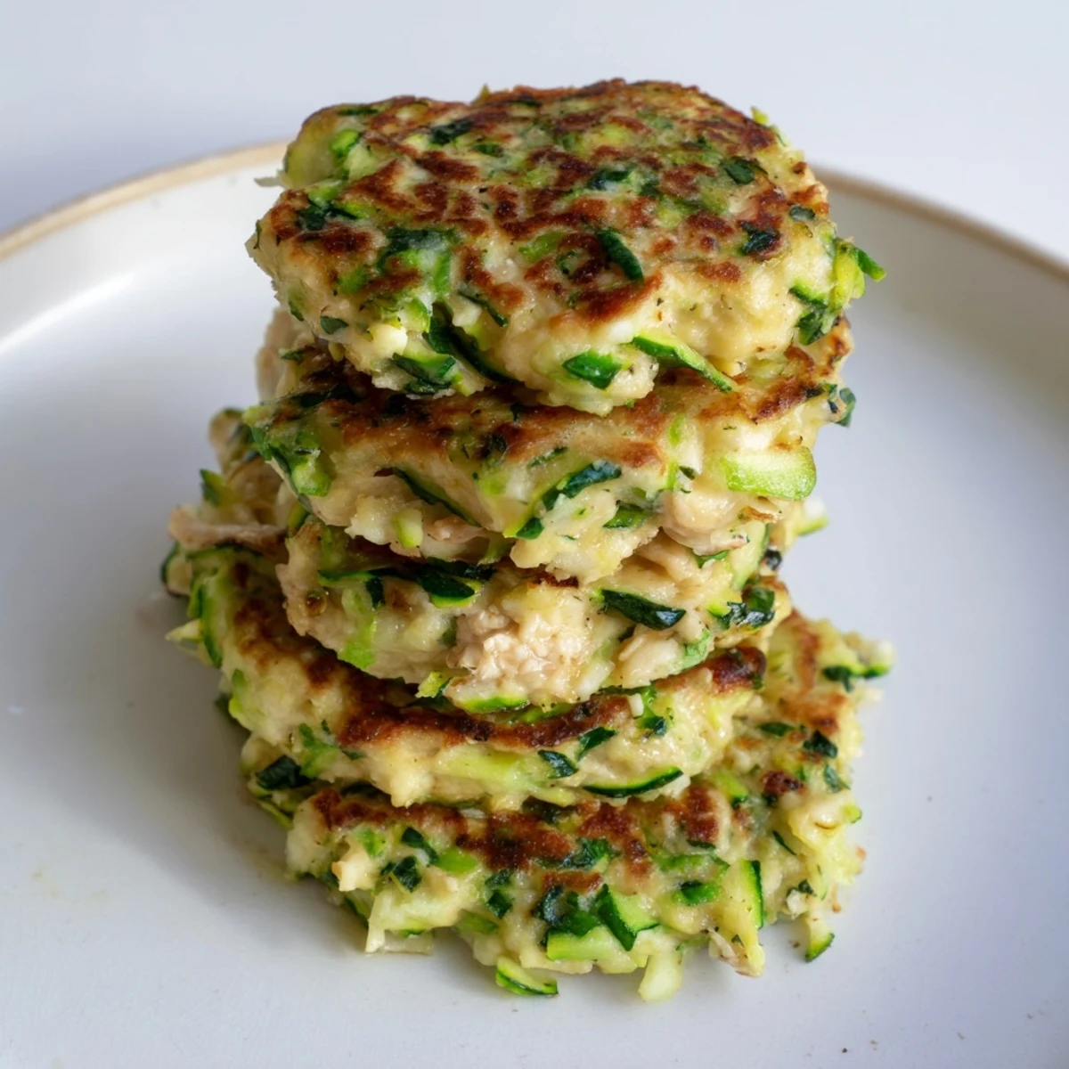 Freshly made high-protein chicken zucchini fritters, ready to be served hot with a dollop of yogurt on top.