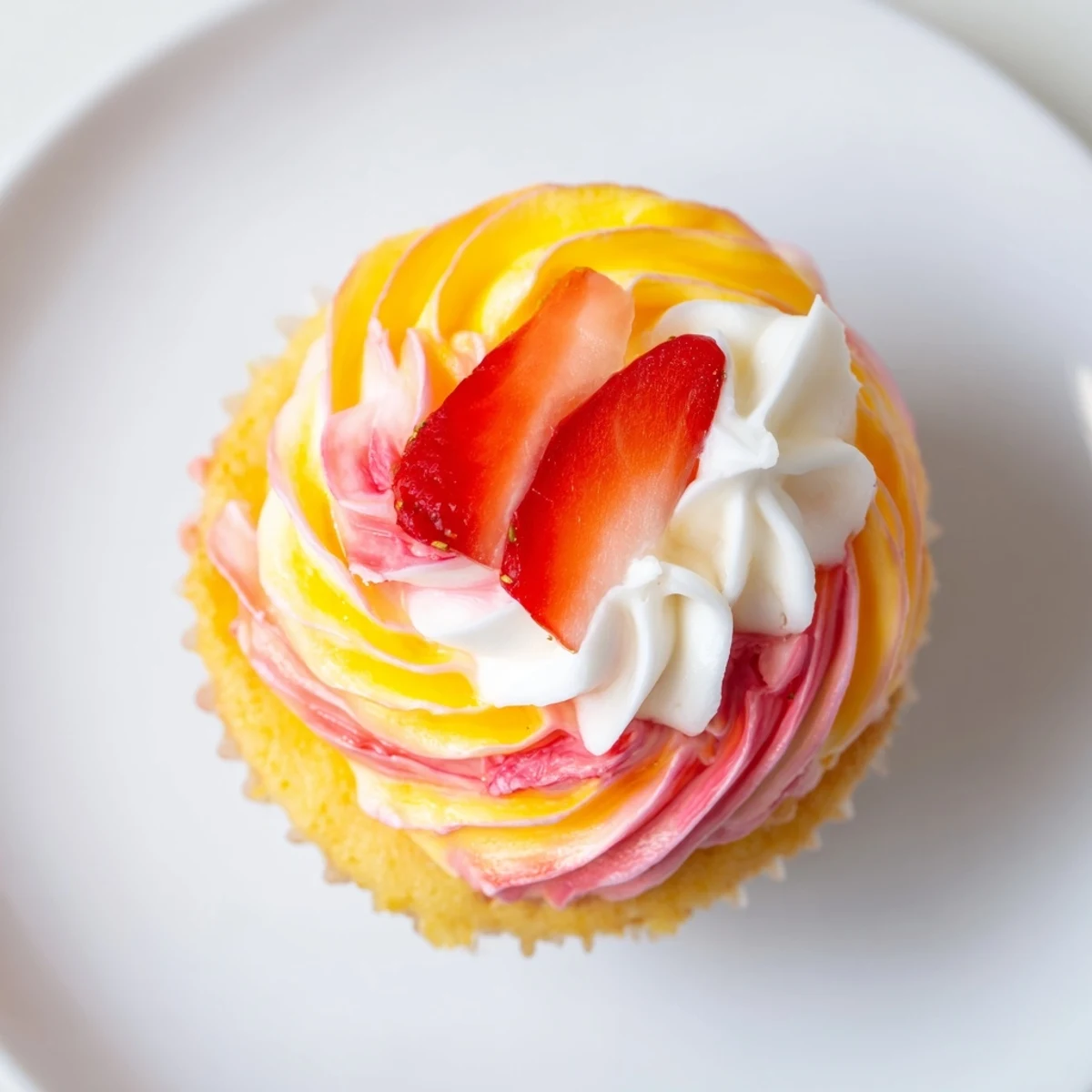 Golden cupcake topped with sunset swirl buttercream and fresh mango slices, a Mango Strawberry Sunset Cupcake.