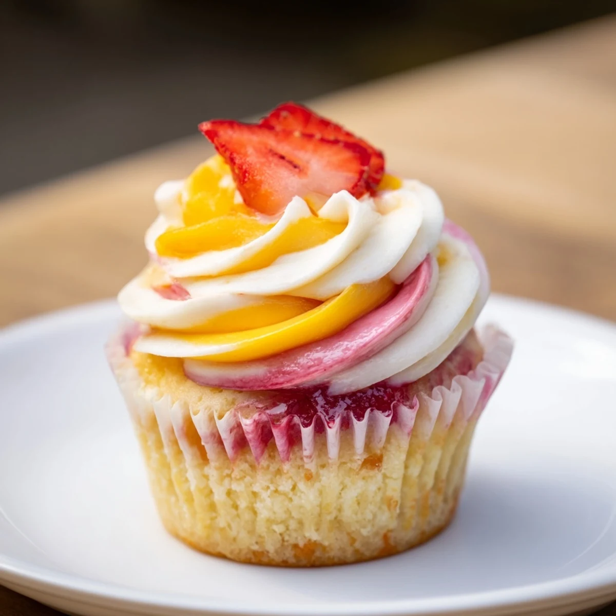 Homemade Mango Strawberry Sunset Cupcakes, with vibrant frosting, offer a sweet taste of tropical bliss on a plate.