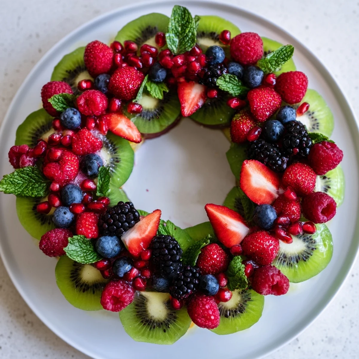 Fresh kiwi and berry holiday wreath, beautifully arranged, ready for serving guests this season.