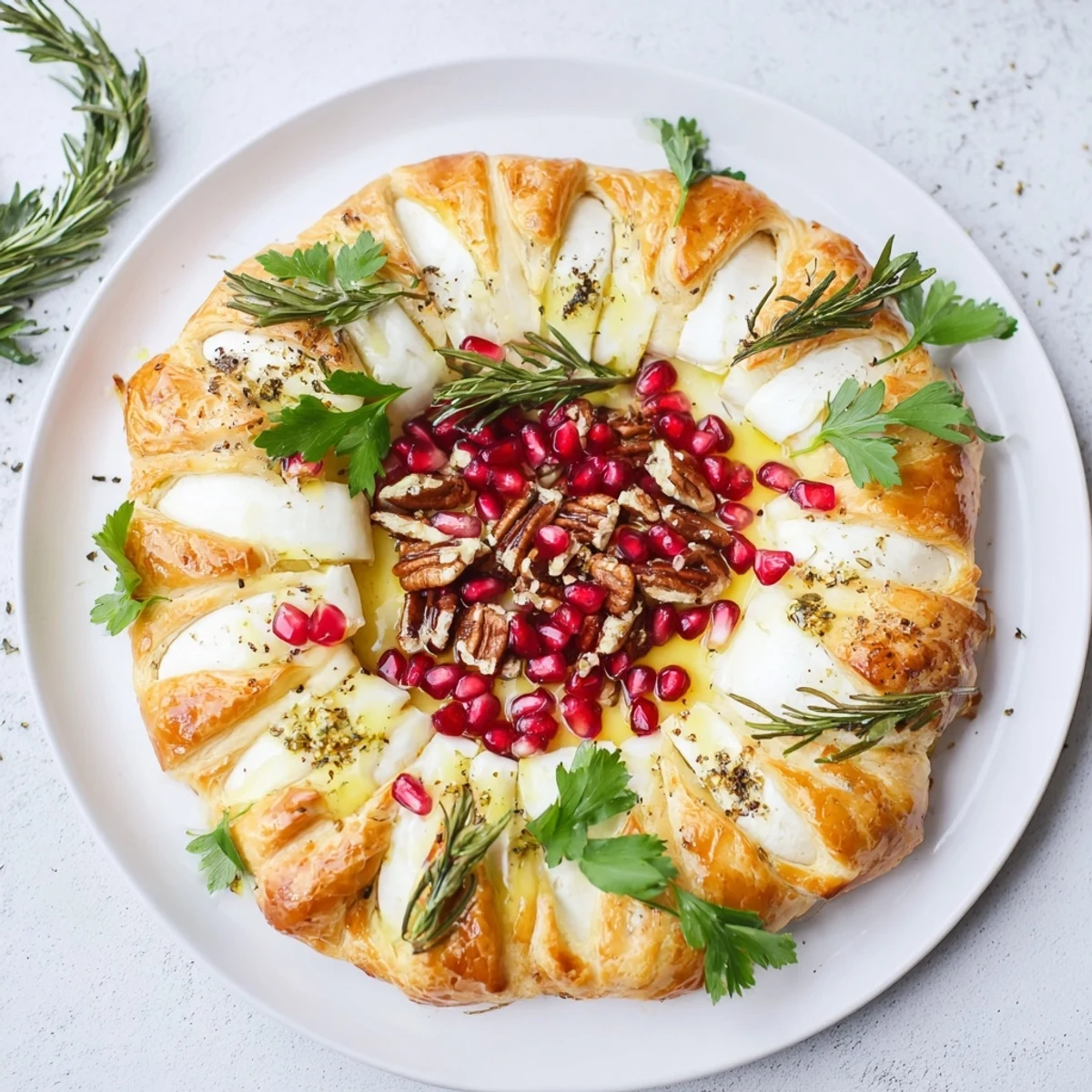 Elegant appetizer: Slices of Brie and sugared nuts nestled in a Pomegranate and Brie Wreath, ready to serve.