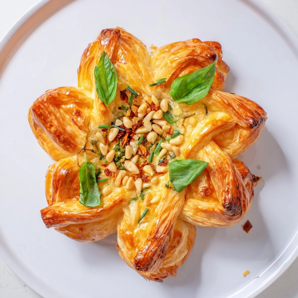 Golden-brown Poinsettia Puff Pastry Appetizer, a savory holiday treat with herbed cream cheese filling.