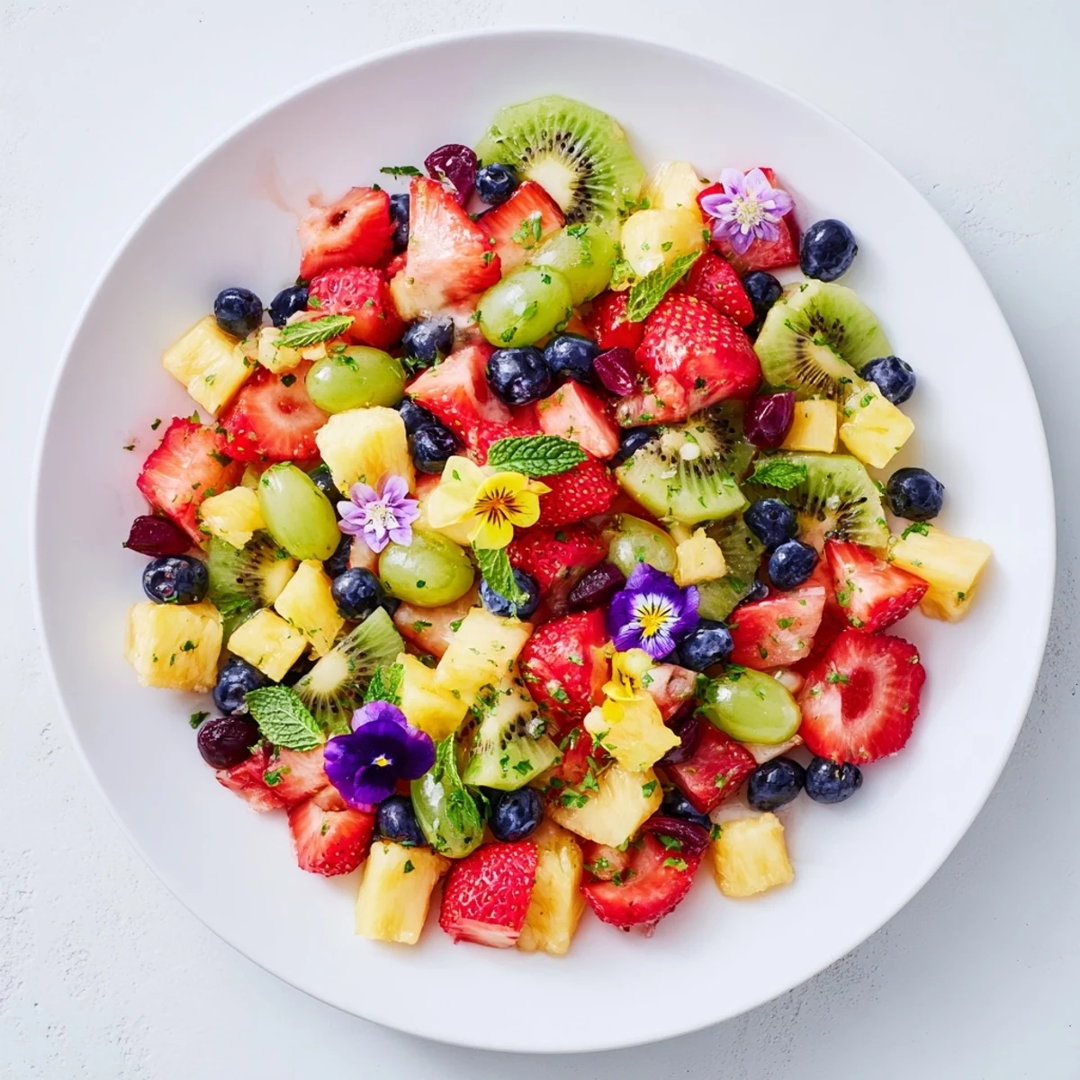 Cool, refreshing Festive Bow Fruit Medley, layered on a platter, garnished with mint and edible flowers.