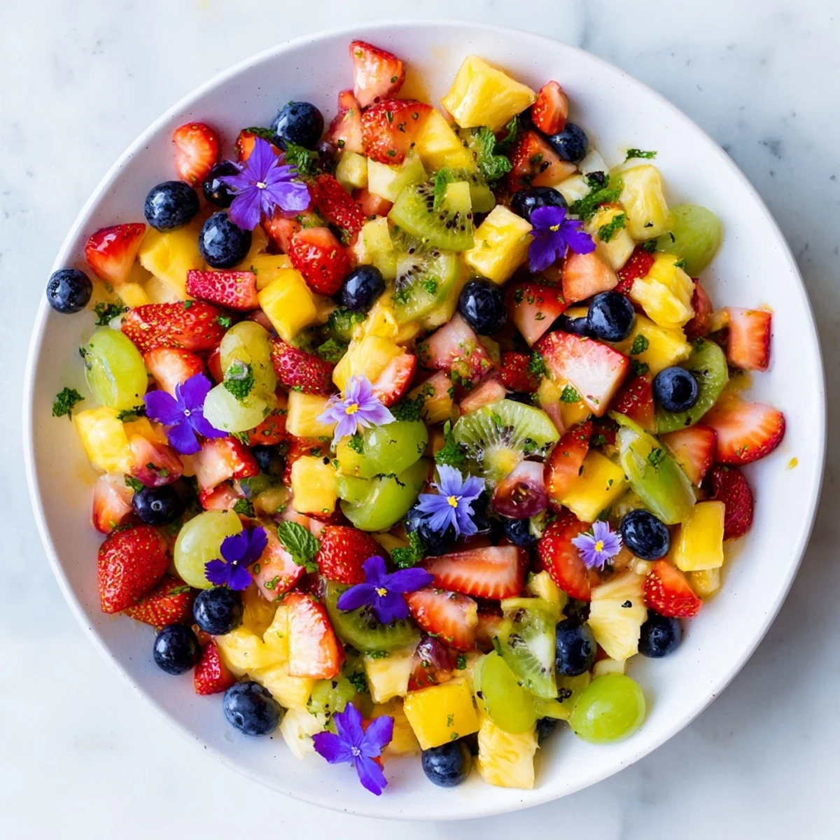 A beautiful bowl of Festive Bow Fruit Medley, drizzled with homemade citrus dressing for freshness.