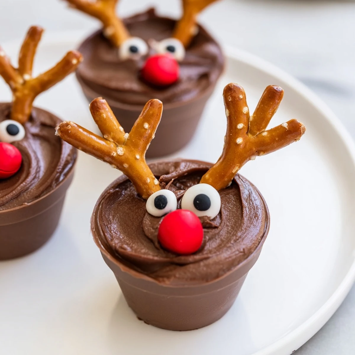 Charming chocolate reindeer pudding cups on a festive board, perfect for a holiday treat and family fun.