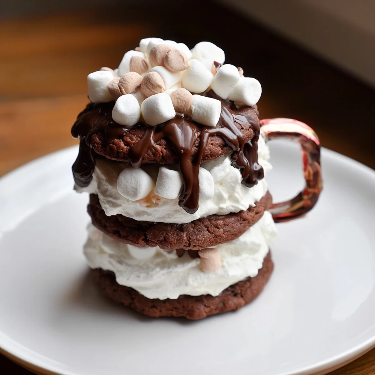 Decadent Hot Cocoa Mug Cookie Stack, with fluffy marshmallow frosting and mini marshmallows, ready to enjoy.