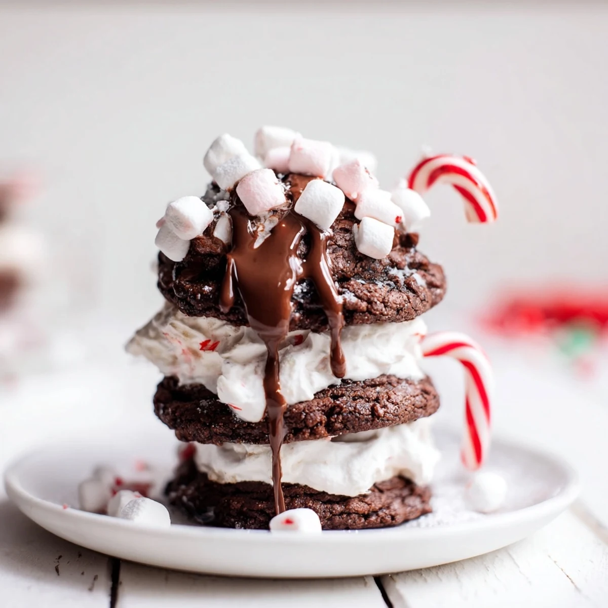 Stacked Hot Cocoa Mug Cookie creations: chocolate cookies layered with creamy marshmallow frosting, perfect for dessert.
