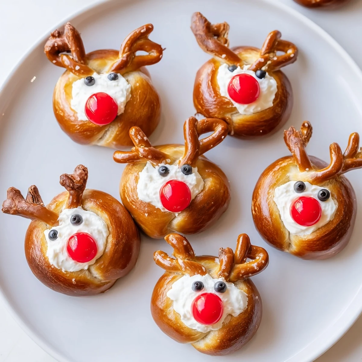 Rudolph's Red Nose Pretzel Bites with a bright red candy nose, a festive appetizer.