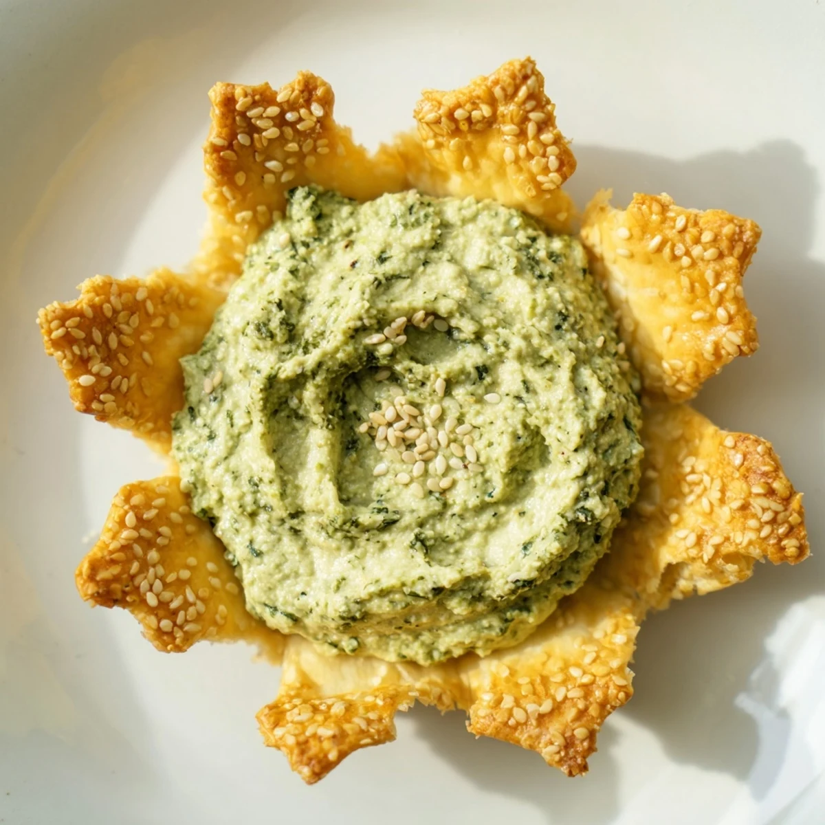 Creamy, vibrant star-shaped pesto dip with golden, crispy cracker edges, perfect appetizer.