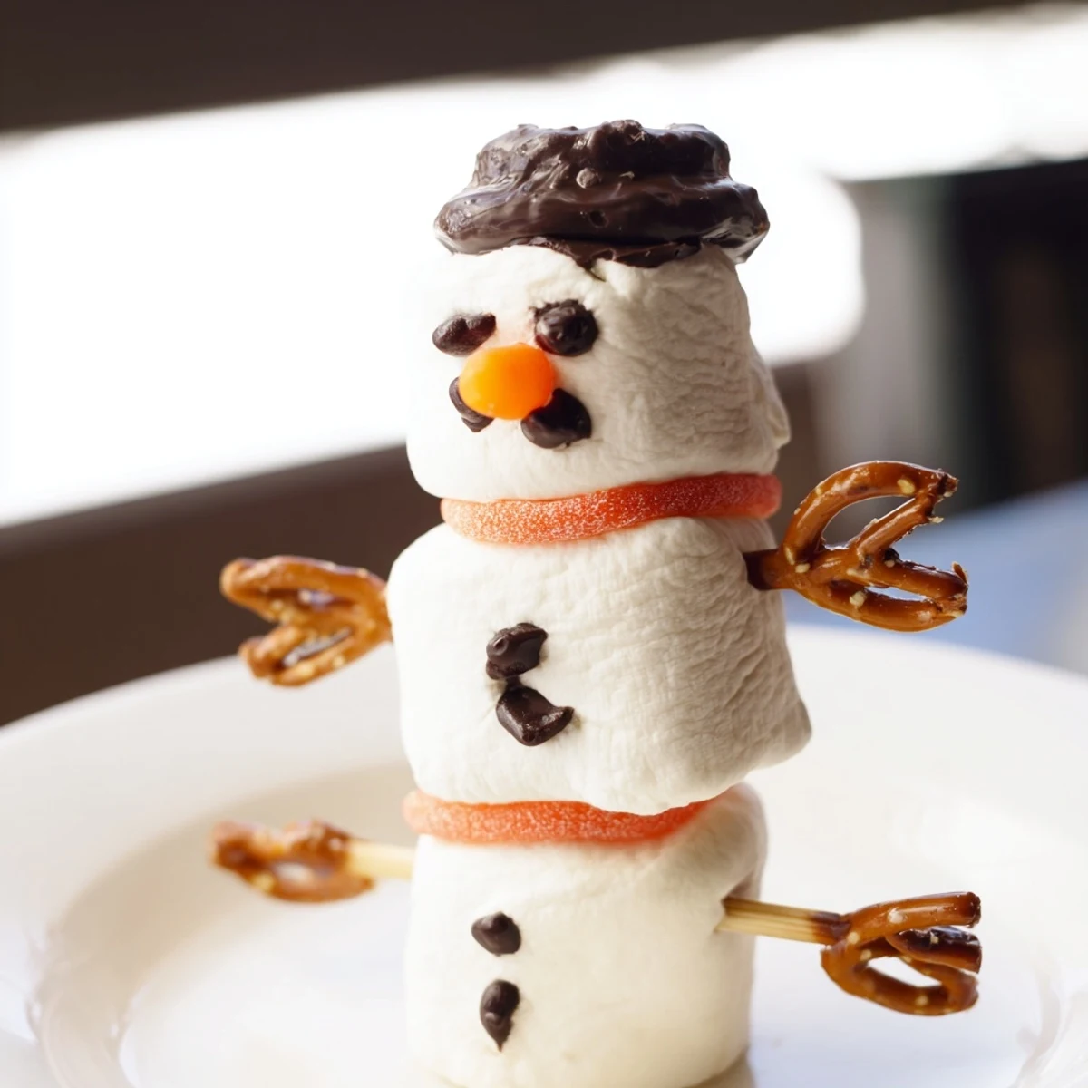 Enjoy a close-up of this delicious Marshmallow Snowman Stick Arrangement, ready for a fun winter dessert.