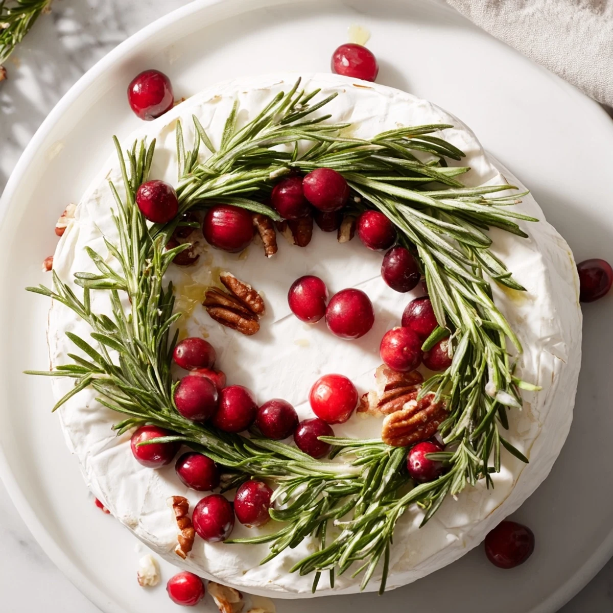 Fresh rosemary wreath frames rich Brie Cheese Wheel, perfect with crackers and a drizzle of honey.