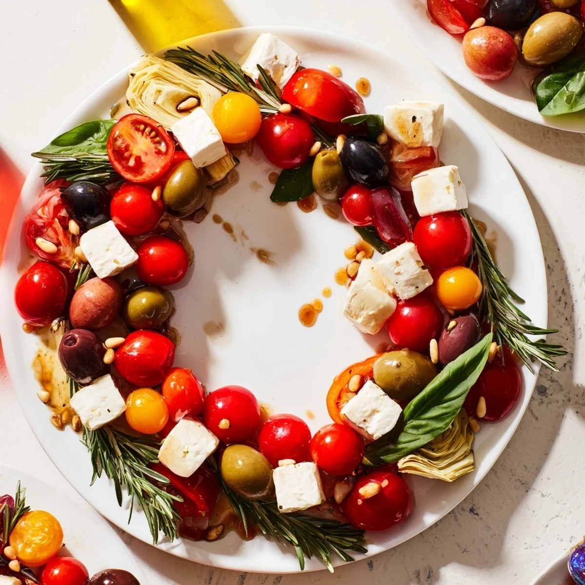 Fresh cherry tomatoes and olives artfully arranged for a stunning Olive and Cherry Tomato Garland Board.